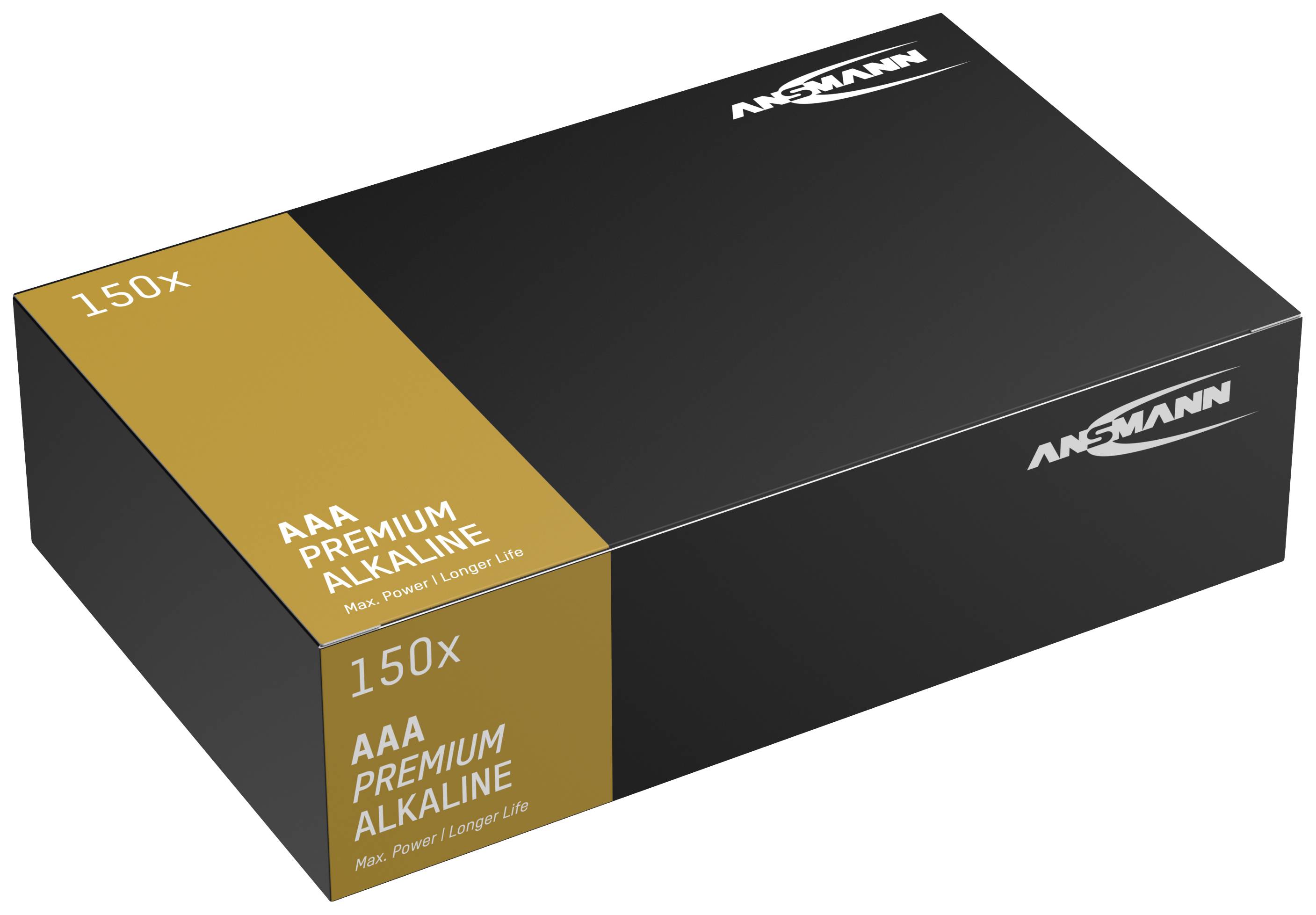 Czarny karton z żółtą płaszczyzną, opisany '150x AAA Premium Alkaline'. Marka Ansmann. Zawiera baterie AAA.