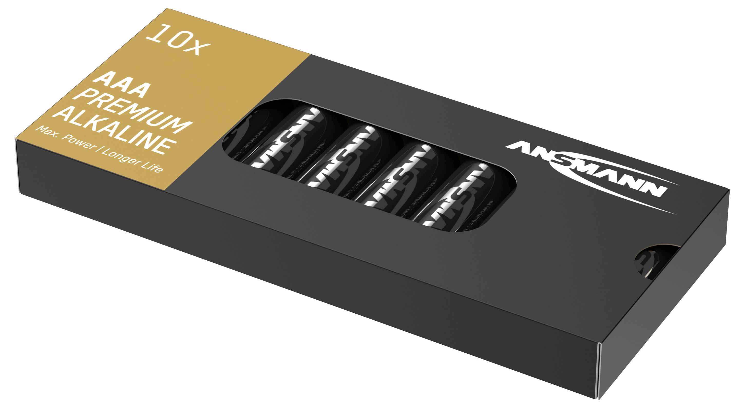 Czarna opakowanie z dziesięcioma bateriami AAA Premium Alkaline marki Ansmann, podkreślające wysoką wydajność i długą żywotność.