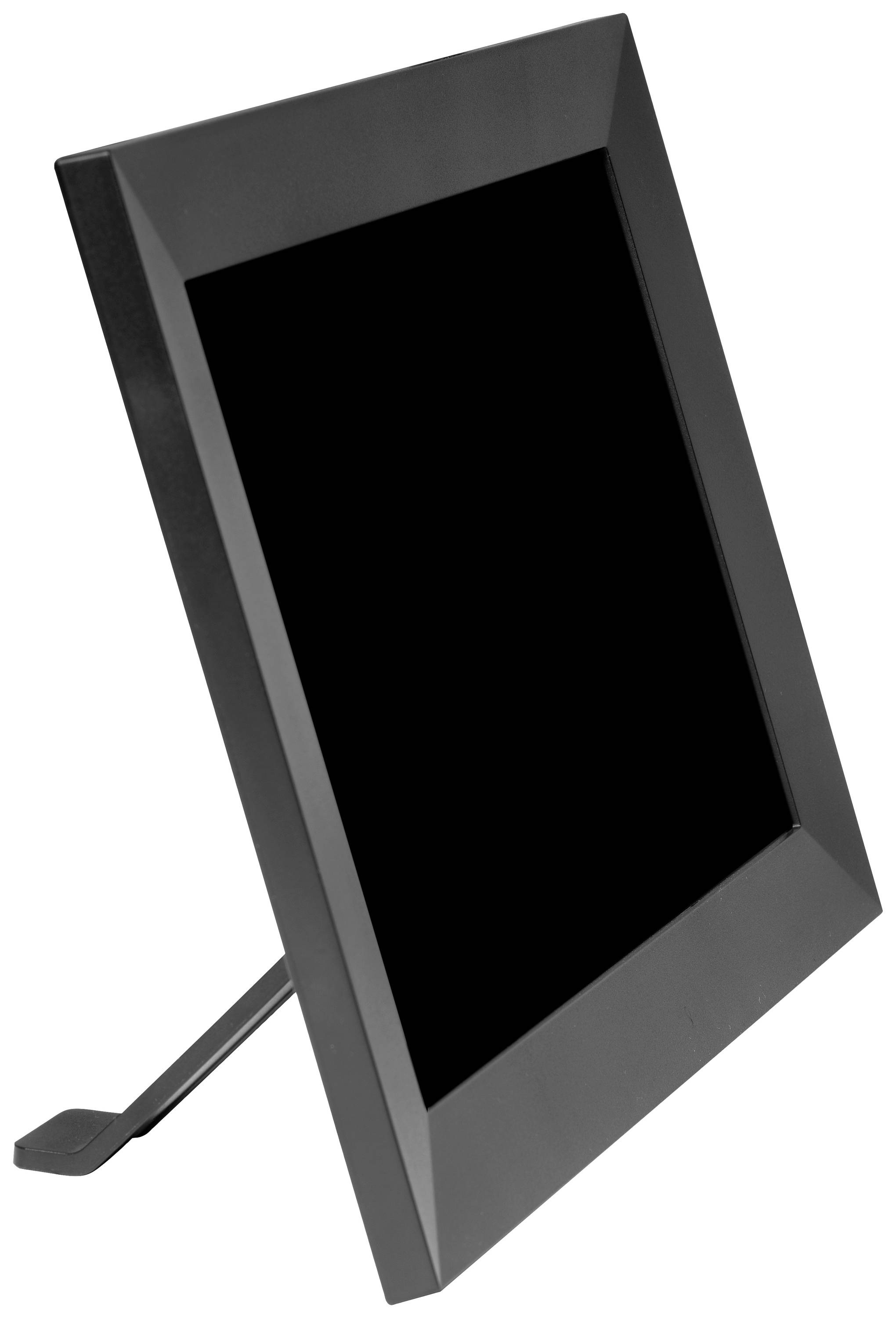 Pusty, czarny ramka na zdjęcia w pionie, stojąca na stojaku.