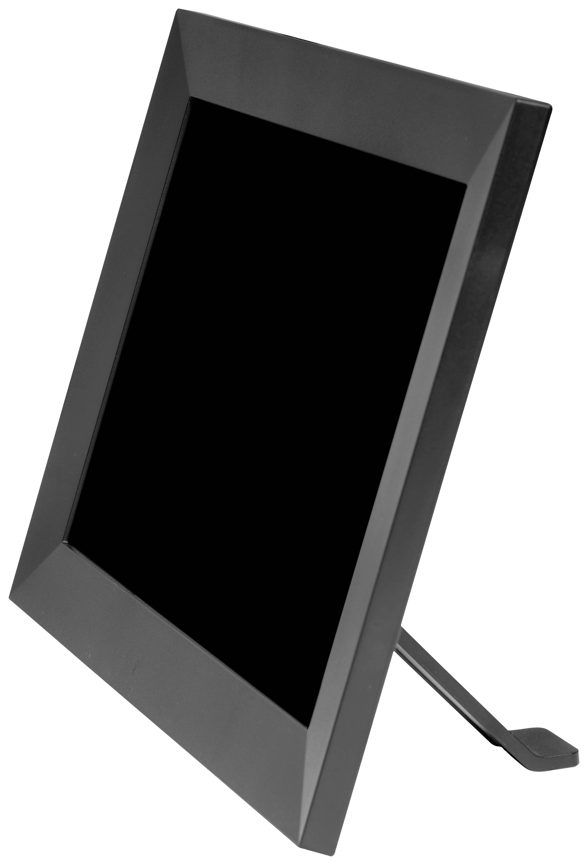 Czarna rama na zdjęcia, ustawiona skośnie na stojaku, na białym tle.