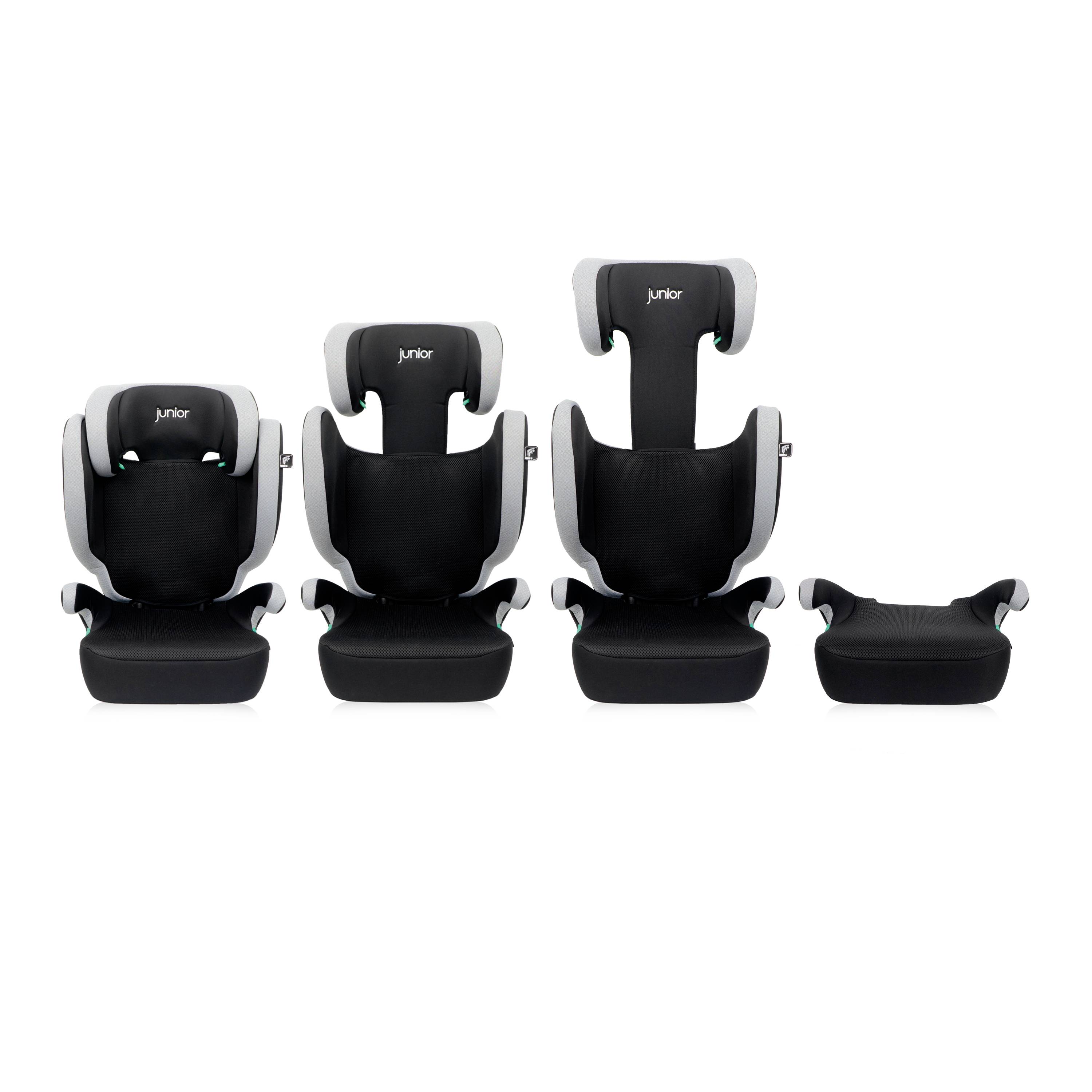 Trzy czarne foteliki dziecięce z szarymi akcentami, różniące się rozmiarem, ustawione obok siebie. Jeden z nich jest bez oparcia.