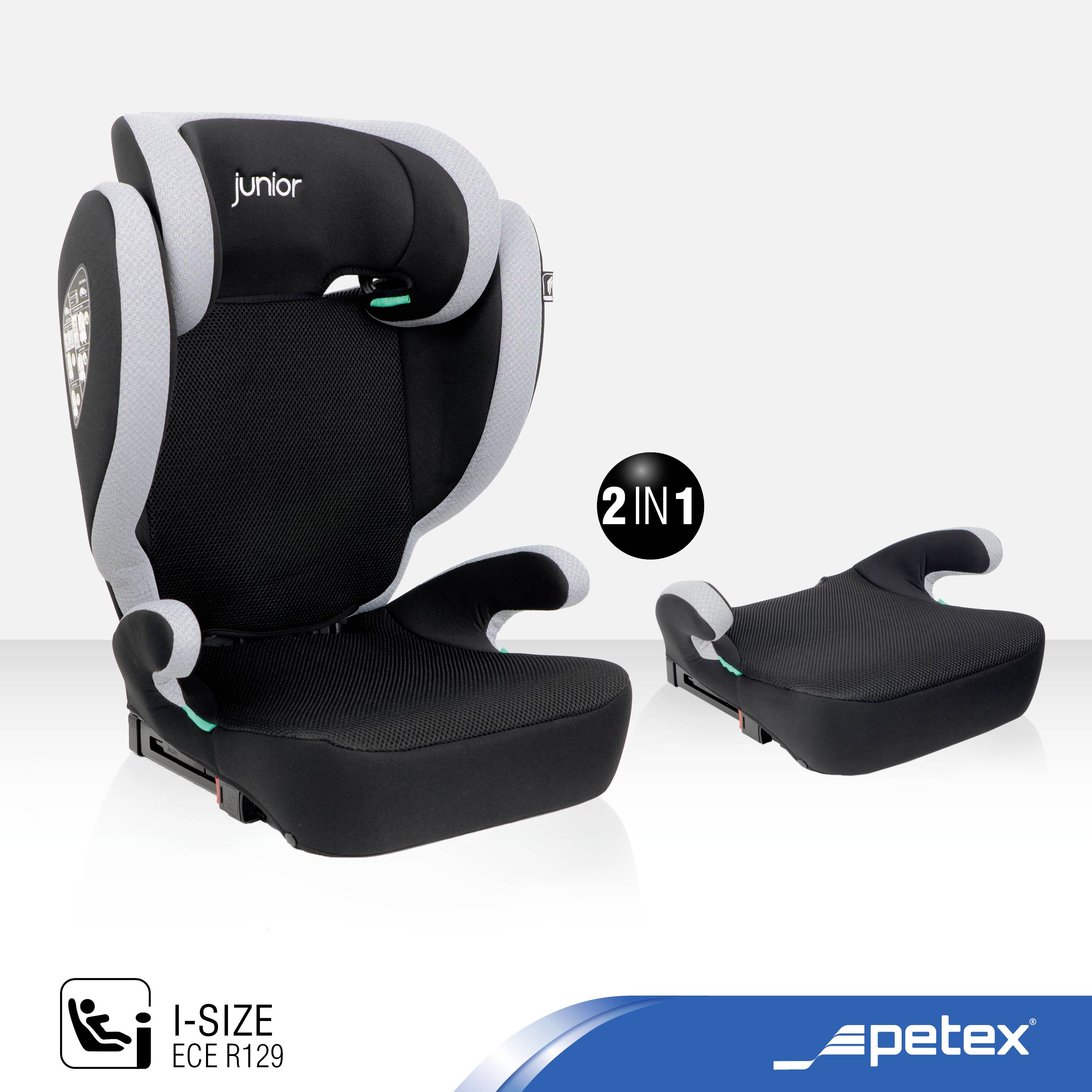 'Czarny fotelik samochodowy i podwyższenie siedzeń marki Petex, model Junior, certyfikowany zgodnie z normą i-Size ECE R129.'