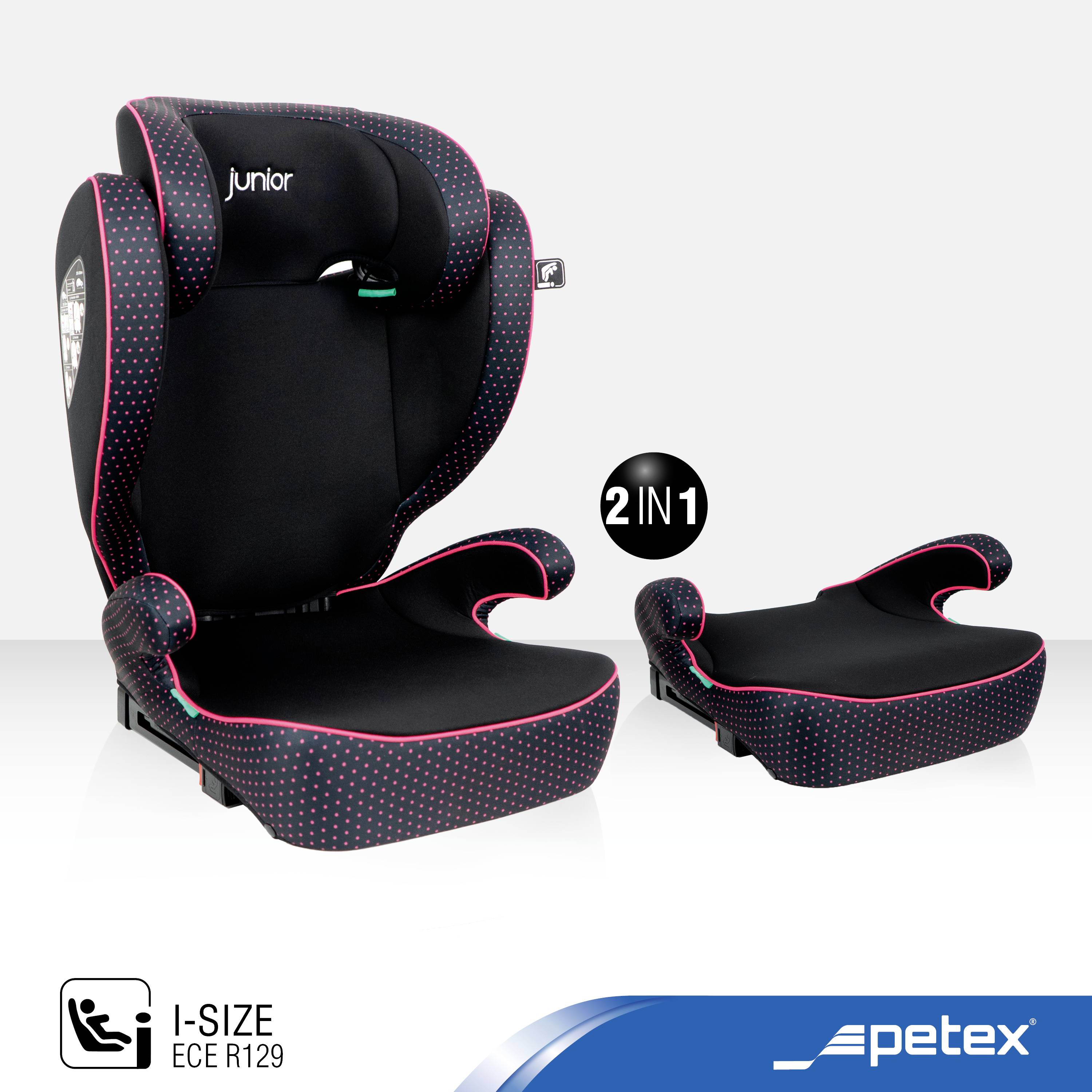 Fotelik dziecięcy w kolorze czarnym z czerwonymi przeszyciami i w groszki, przekształcalny z fotelika z wysokim oparciem w podwyższenie siedziska.