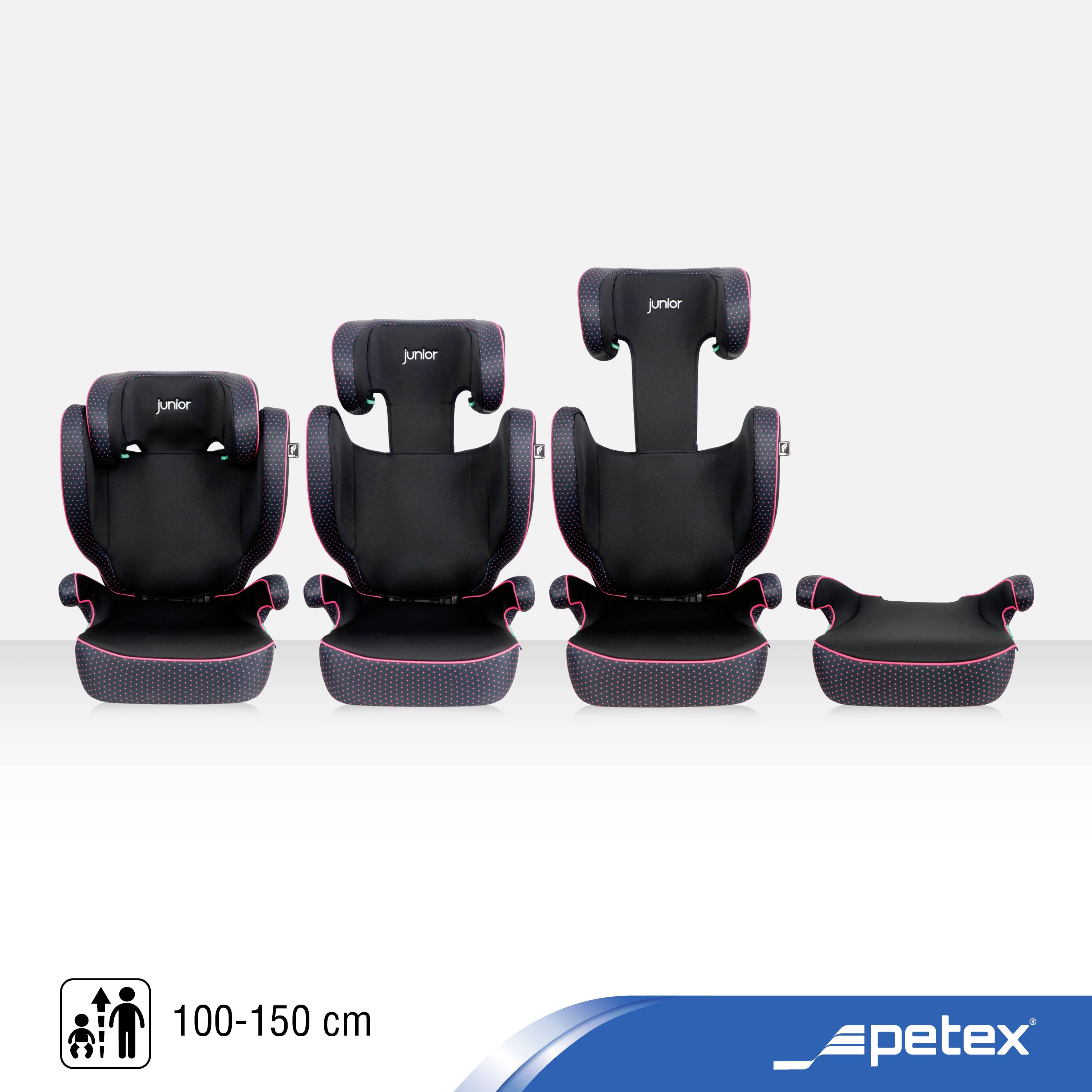 'Cztery foteliki dziecięce o regulowanym ustawieniu posiadają czarne pokrycia i czerwone przeszycia. Odpowiednie dla dzieci o wzroście 100-150 cm.'