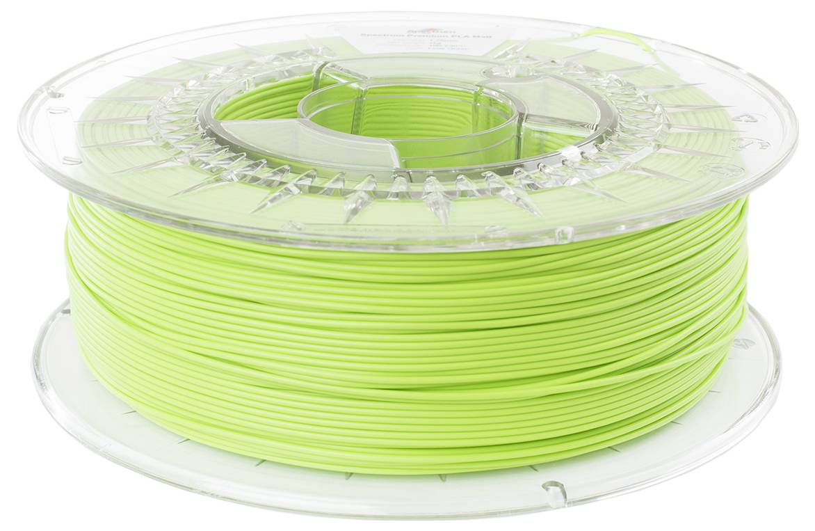Szpula z neonowozielonym filamentem do druku 3D, umieszczona na przezroczystym plastikowym nośniku.