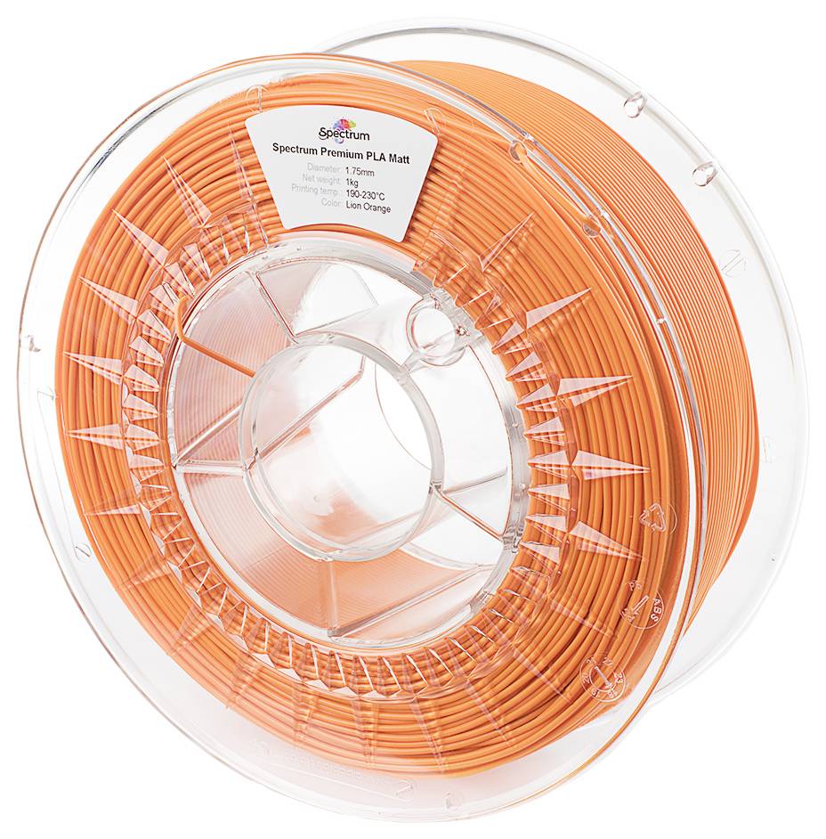 Pomarańczowy szpula filamentu do druku 3D z napisem 'Spectrum Premium PLA Matt', przeznaczony do druku w temperaturze 190-230°C.