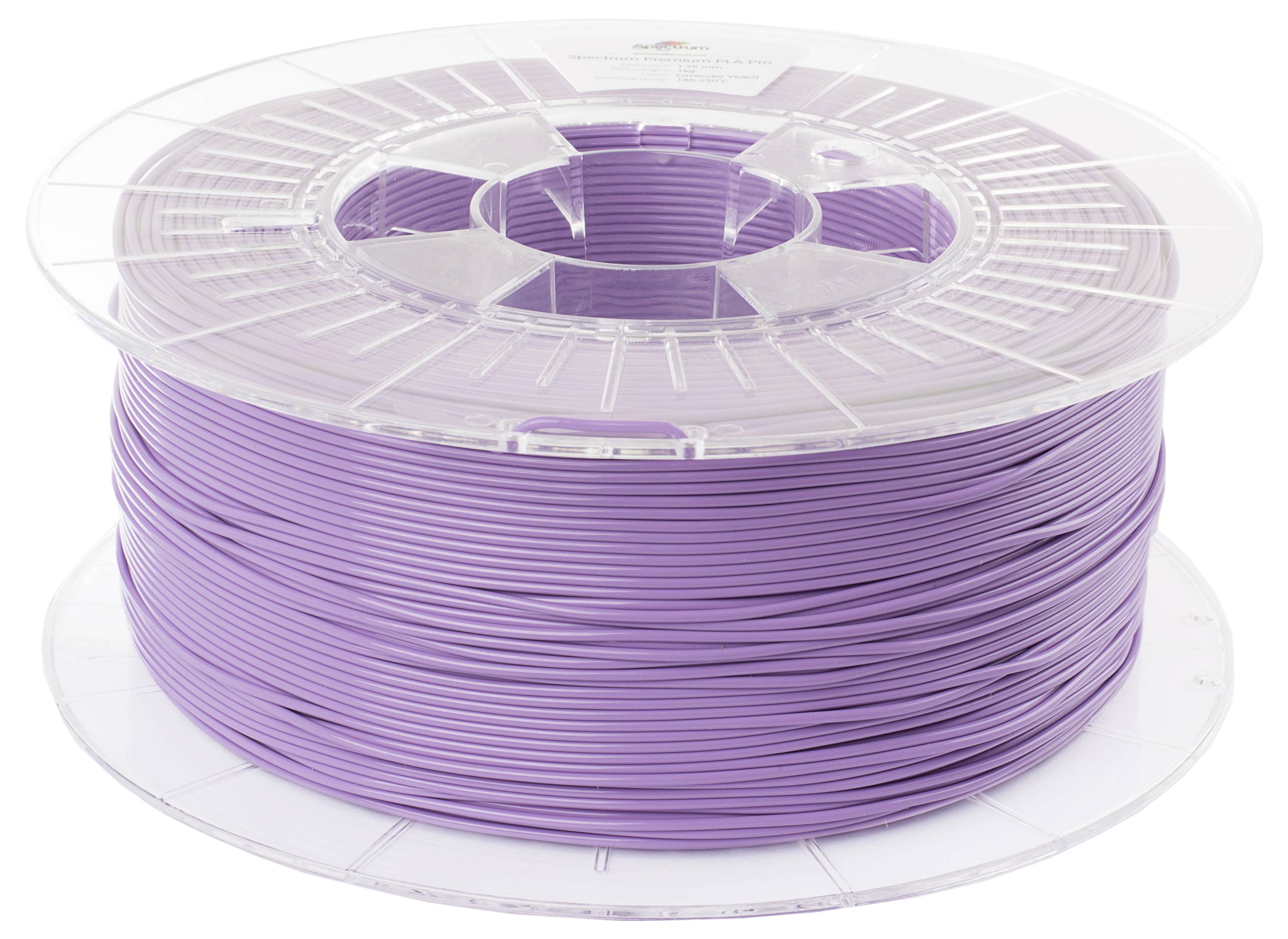 Szpula z fioletowym, trójwymiarowym tworzywem drukarskim na przezroczystym nośniku z tworzywa sztucznego.