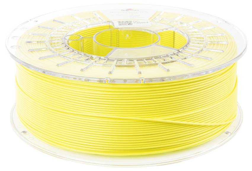 Żółta rolka filamentu do drukarki 3D z tworzywa sztucznego, przezroczyście opakowana, gotowa do użycia w drukarce 3D.