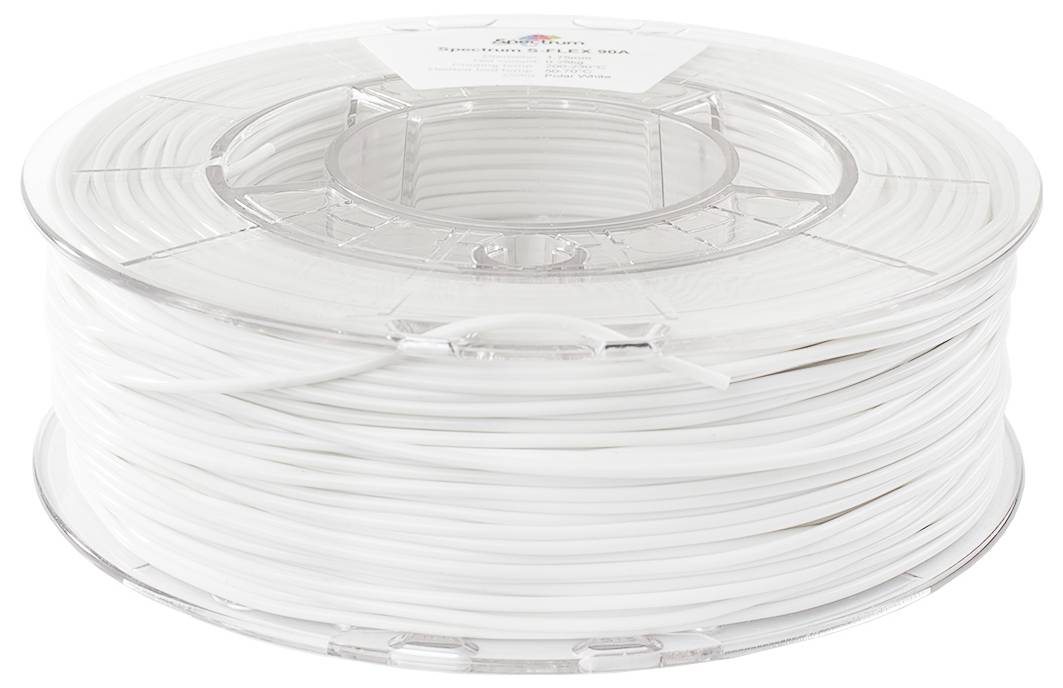 Rolka białego filamentu do drukarki 3D jest nawinięta na przezroczystym rdzeniu szpuli.