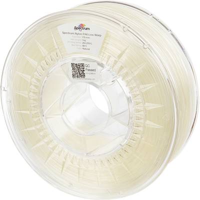 Przezroczysta szpula z jasnym nylonem do druku 3D, oznaczona etykietą 'Spectrum Nylon PA6 Low Warp', 1,75 mm, 1 kg.