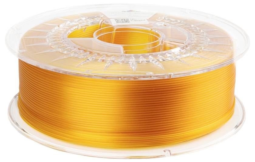 Przezroczysta plastikowa szpula z wyrazistym, pomarańczowym materiałem do druku 3D, równomiernie nawiniętym.