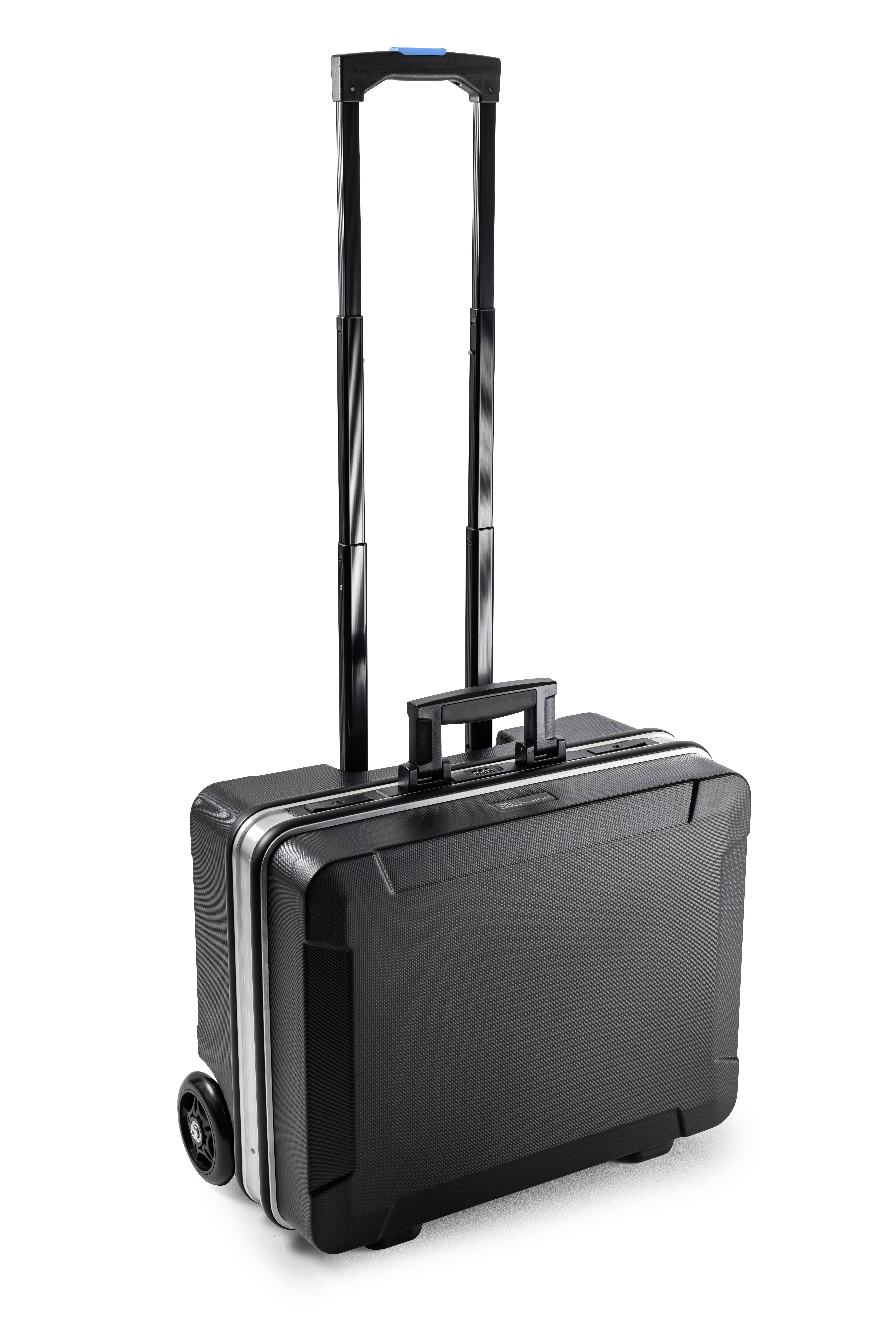 Czarny twardy walizka na kółkach z wysuwaną rączką, przeznaczona do przechowywania i transportu dokumentów lub laptopów.