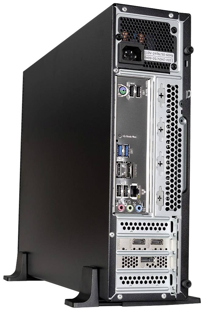 Czarny komputer - obudowa widziana od tyłu, z widocznymi portami takimi jak USB, HDMI oraz złącze sieciowe.