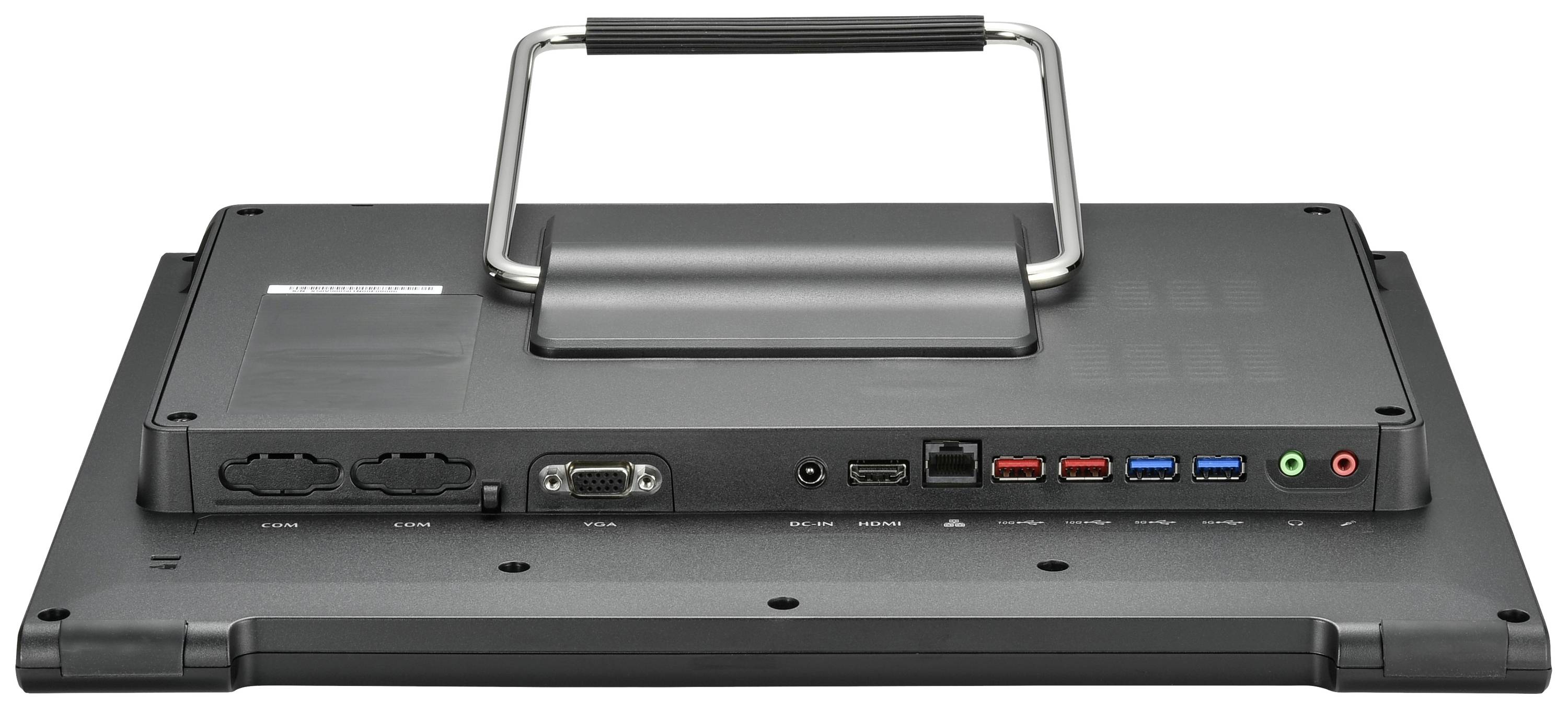 Monitor przemysłowy z różnymi złączami (USB, Audio, Sieć) oraz stabilnym uchwytem transportowym na tylnej części obudowy.