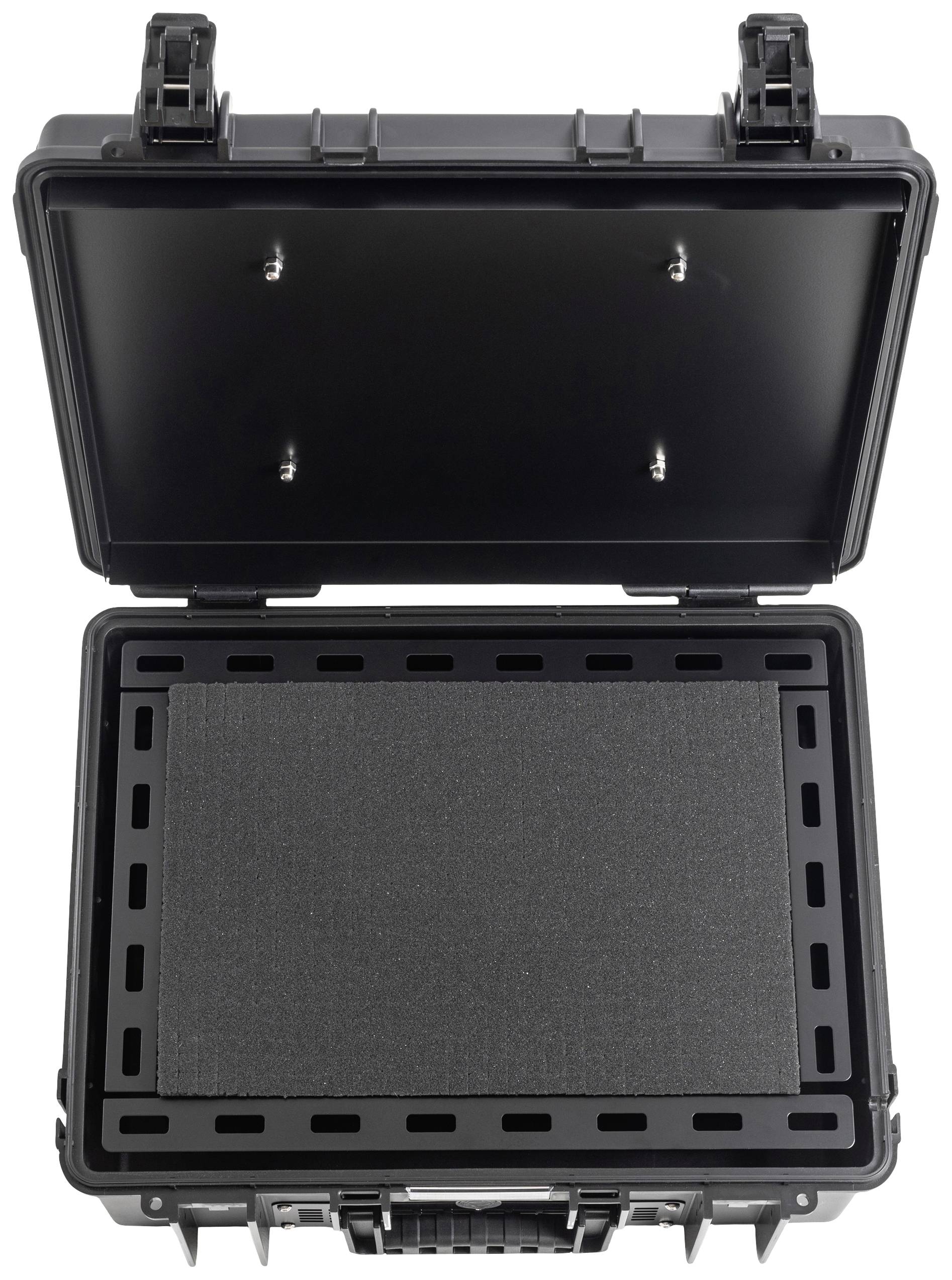 Otwarty czarny twardy kufer z wyściółką piankową, odpowiedni do bezpiecznego transportu delikatnych przedmiotów.
