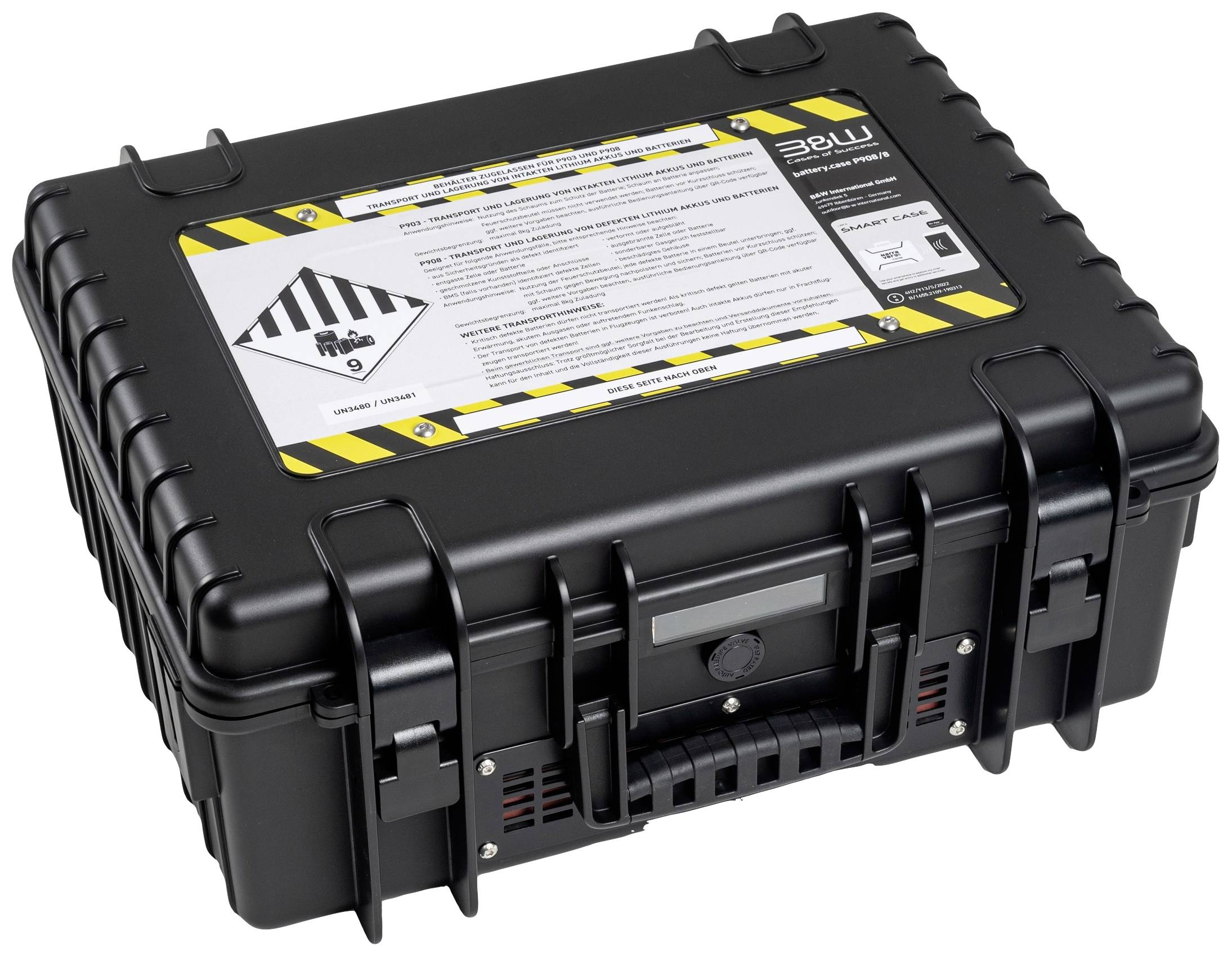 Czarny, wytrzymały kufer narzędziowy z żółtymi oznaczeniami ostrzegawczymi i informacjami na wierzchu. Odpowiedni do bezpiecznego transportu.