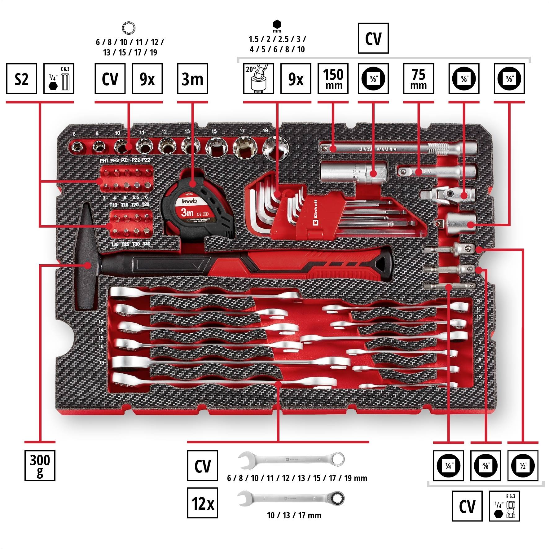 Чохол для інструментів Einhell 80 з аксесуарами. Werkzeugkoffer Universal 370570