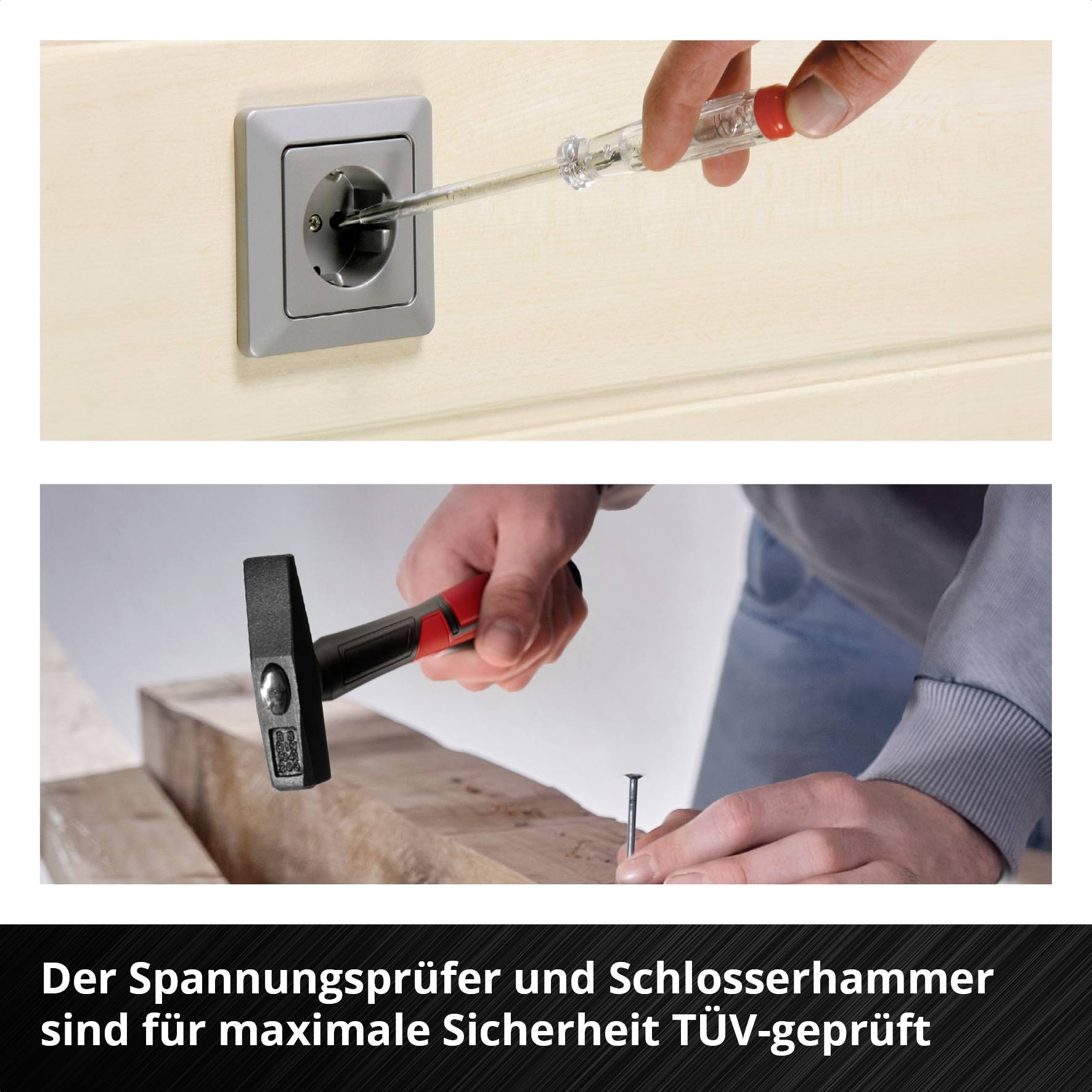 Śrubokręt sprawdza napięcie w gniazdku. Poniżej ręka wbija gwóźdź. Tekst: 'Tester napięcia i młotek ślusarski są sprawdzone przez TÜV dla maksymalnego bezpieczeństwa'.