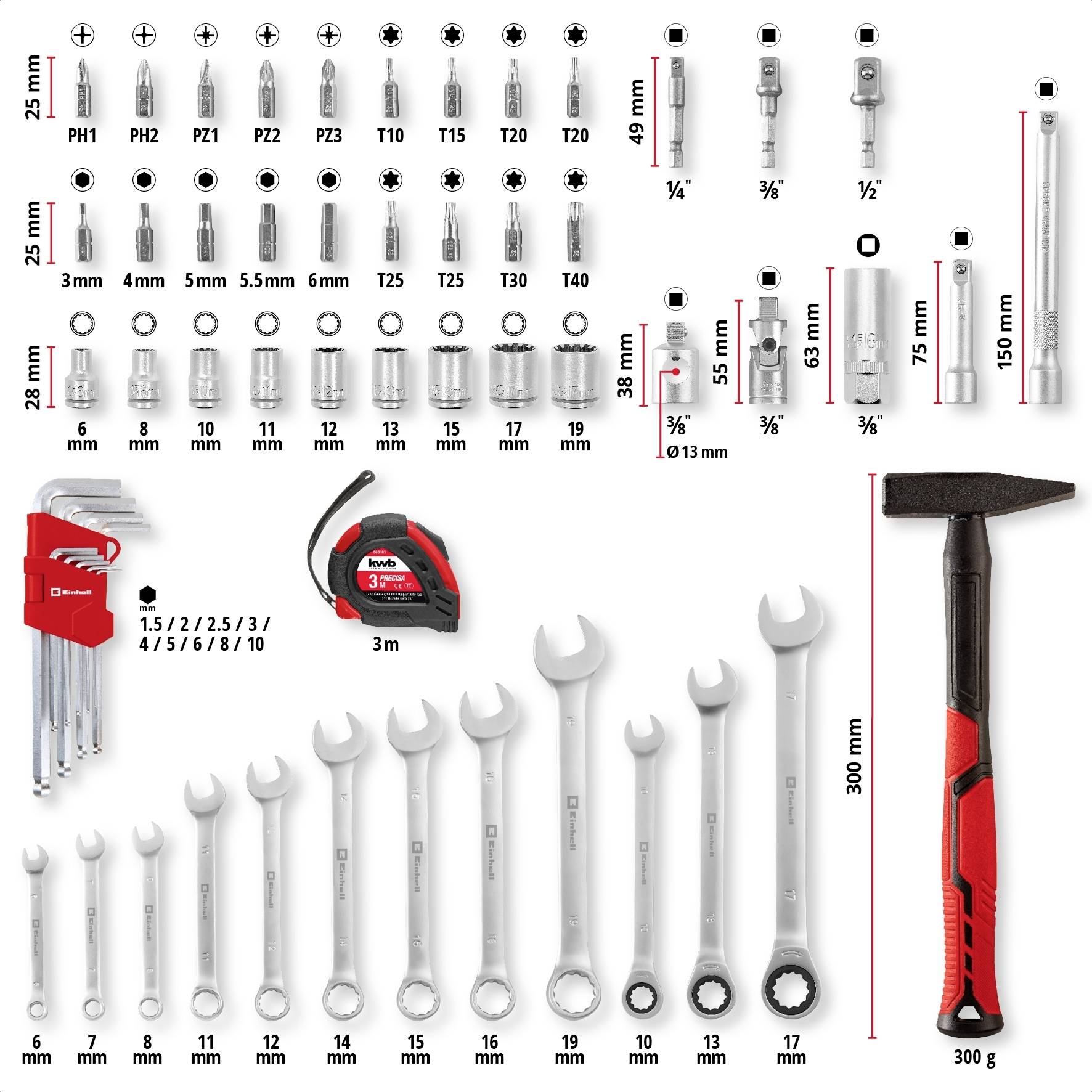Zestaw różnych narzędzi: końcówki wkrętaków, klucze nasadowe, klucze płaskie, klucze nastawne, miara zwijana, młotek.