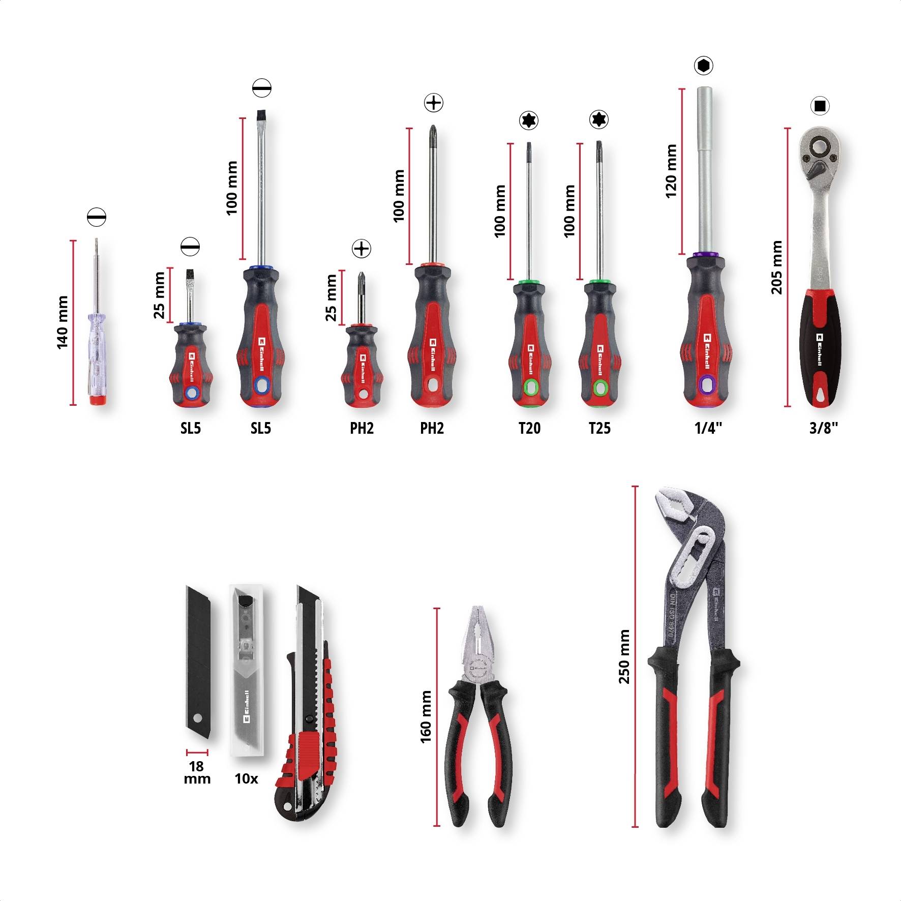 'Zestaw różnych narzędzi składający się ze śrubokrętów, grzechotki, noża monterskiego, szczypiec i klucza nastawnego z podaną długością.'
