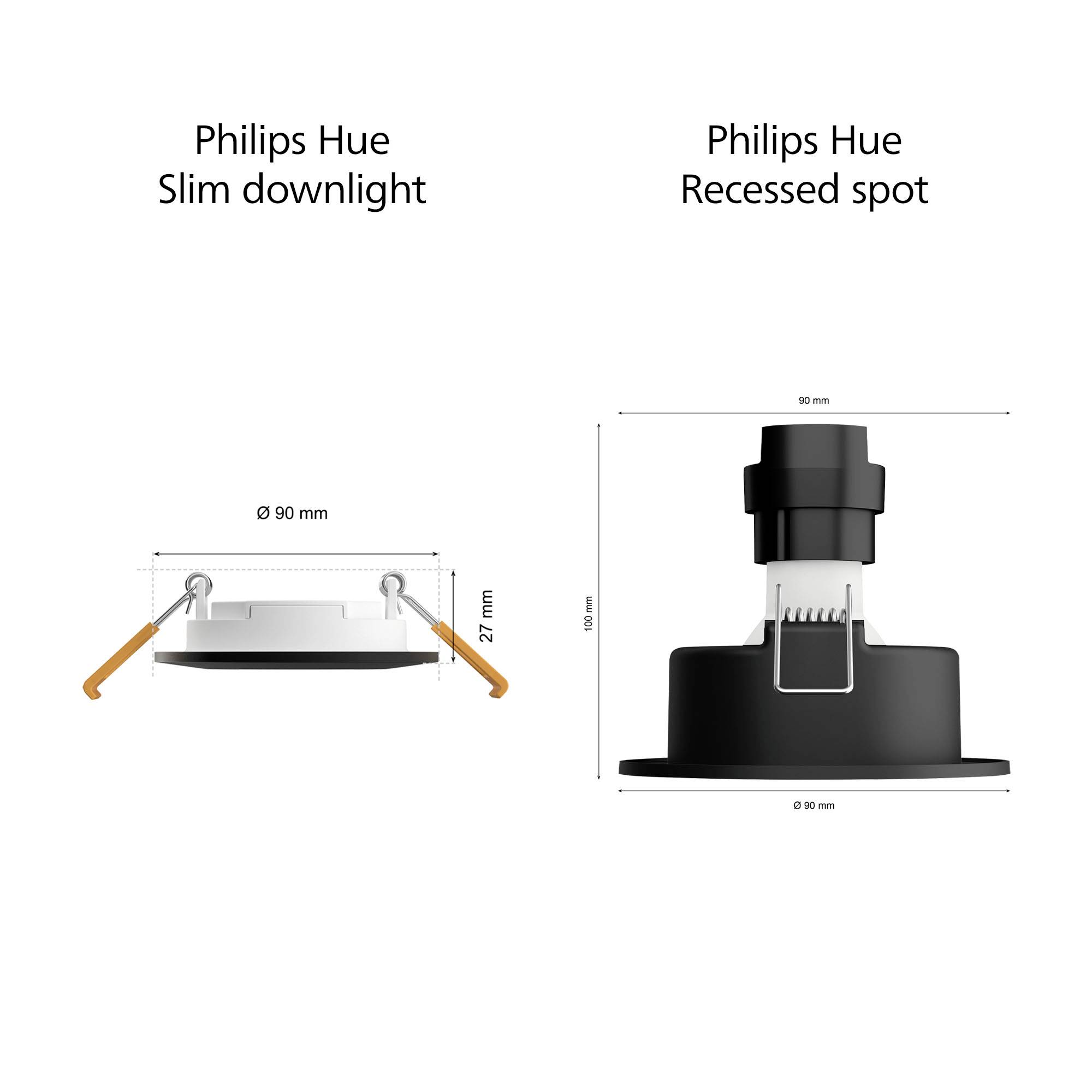 Porównanie przedstawia dwie lampy Philips Hue: 'Slim downlight' o średnicy 90 mm i wysokości 27 mm oraz 'Recessed spot' o charakterystycznej budowie.