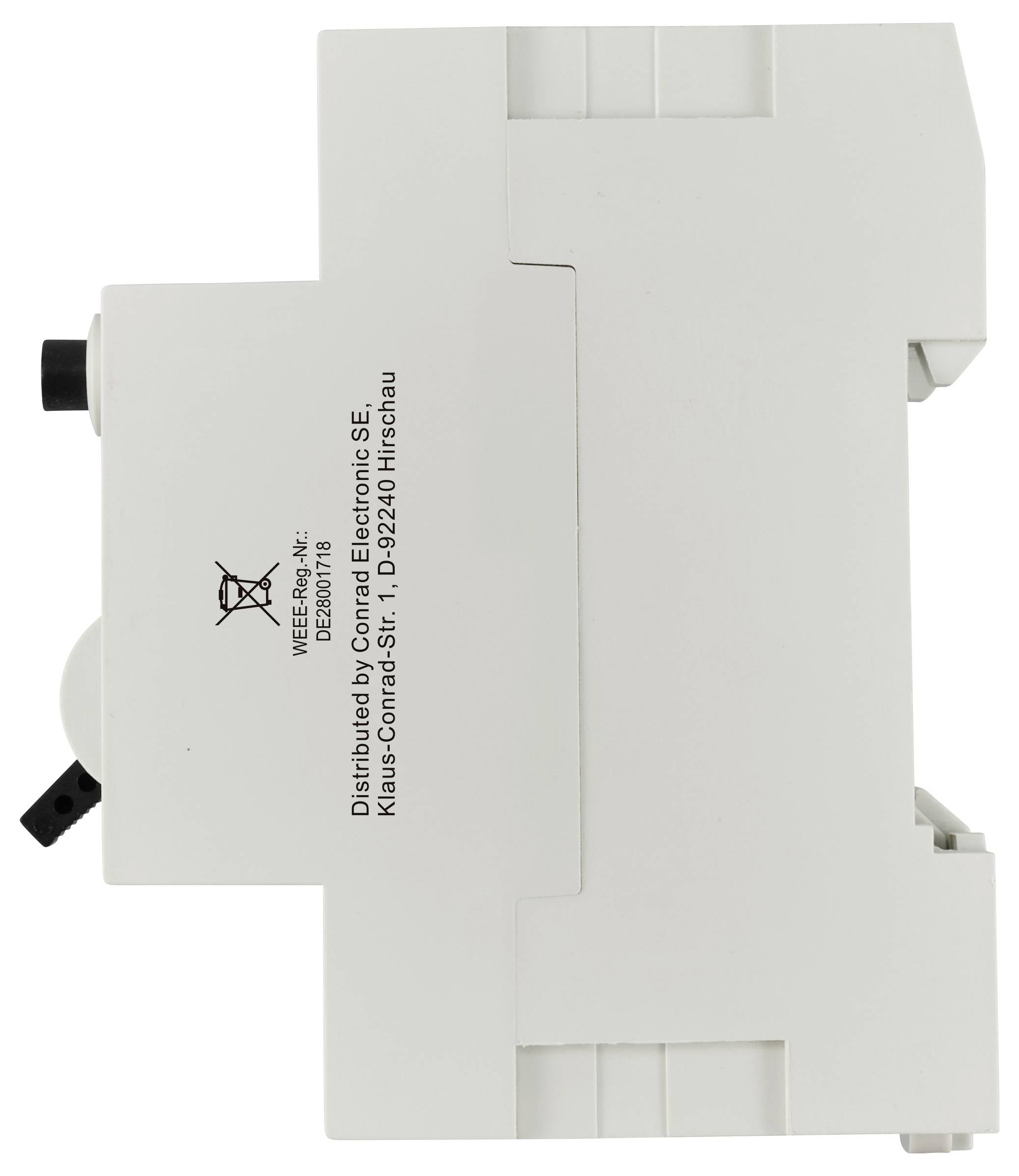 Białe urządzenie elektryczne z przełącznikiem kołyskowym, oznaczone napisem 'Dystrybuowane przez Conrad Electronic SE'.