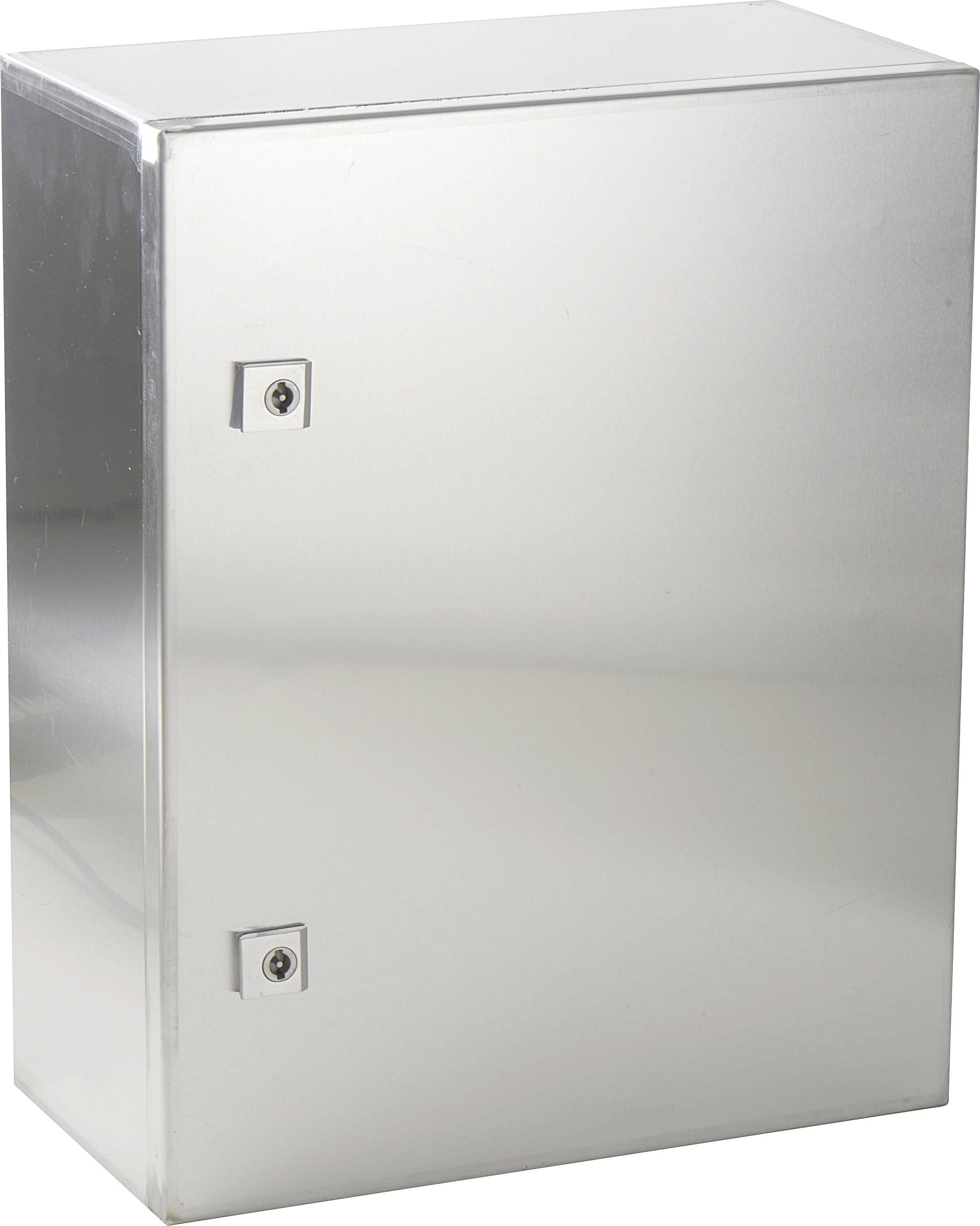 Prostokątna, metalowa skrzynka bezpiecznikowa z dwoma zamkami z przodu.