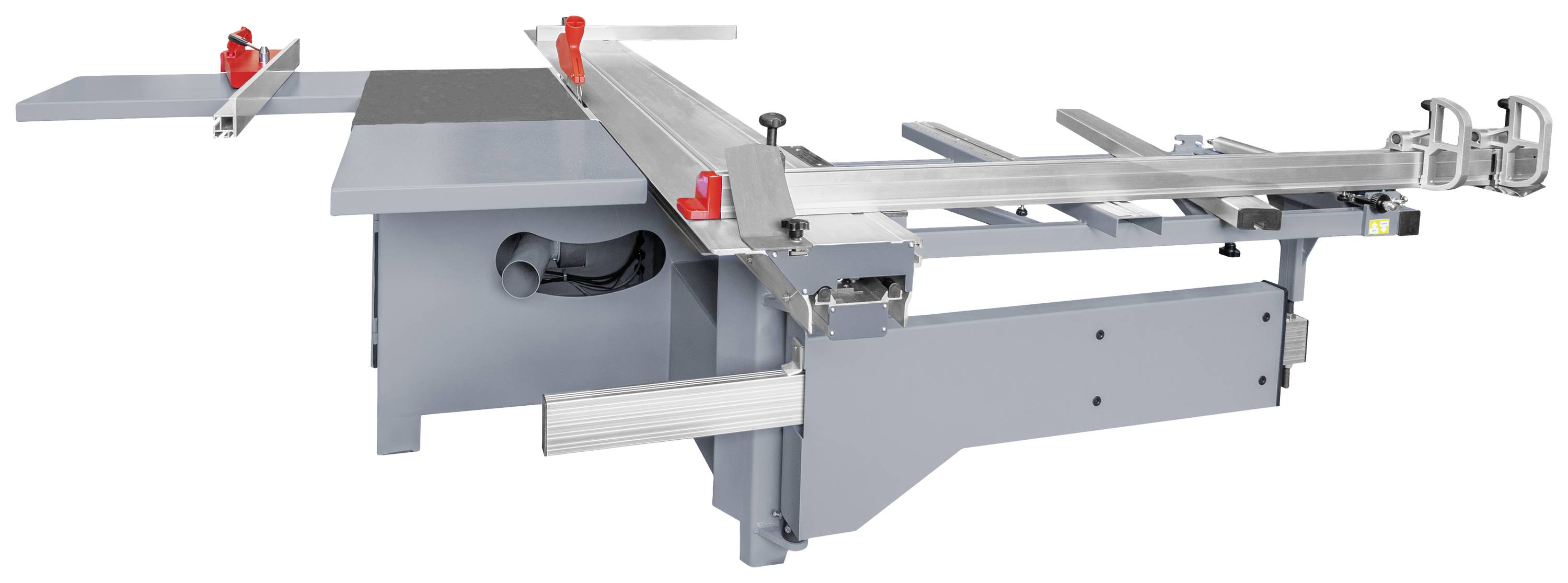 Szara piła panelowa z szynami prowadzącymi i czerwonymi uchwytami, odpowiednia do precyzyjnego cięcia desek drewnianych i innych płyt materiałowych.