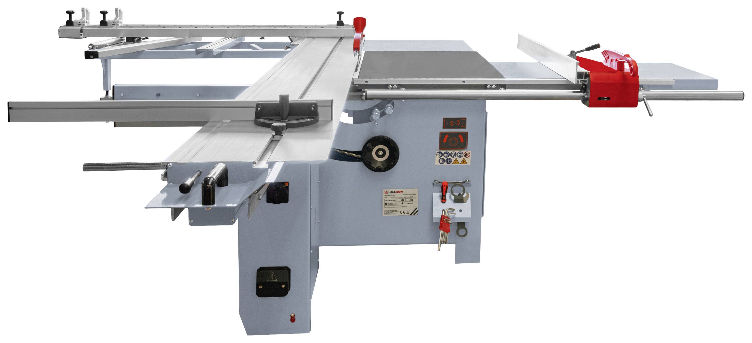 Duża stołowa piła tarczowa z wysuwanym blatem, czerwonym włącznikiem bezpieczeństwa i wąskim brzeszczotem. Idealna do precyzyjnej obróbki drewna.