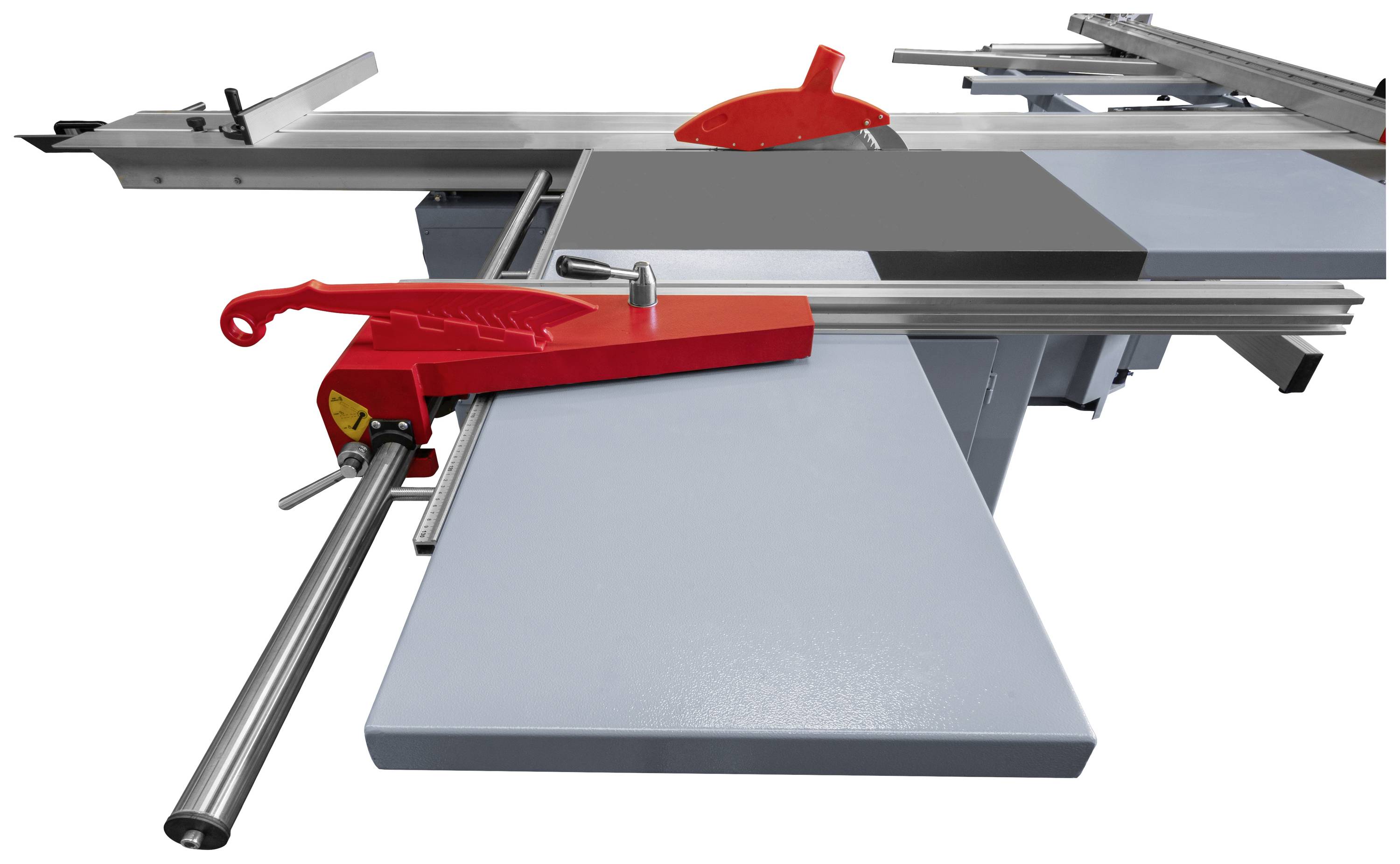 Pilarka tarczowa stołowa z czerwoną szyną prowadzącą i szarą powierzchnią roboczą, przeznaczona do precyzyjnej obróbki drewna.
