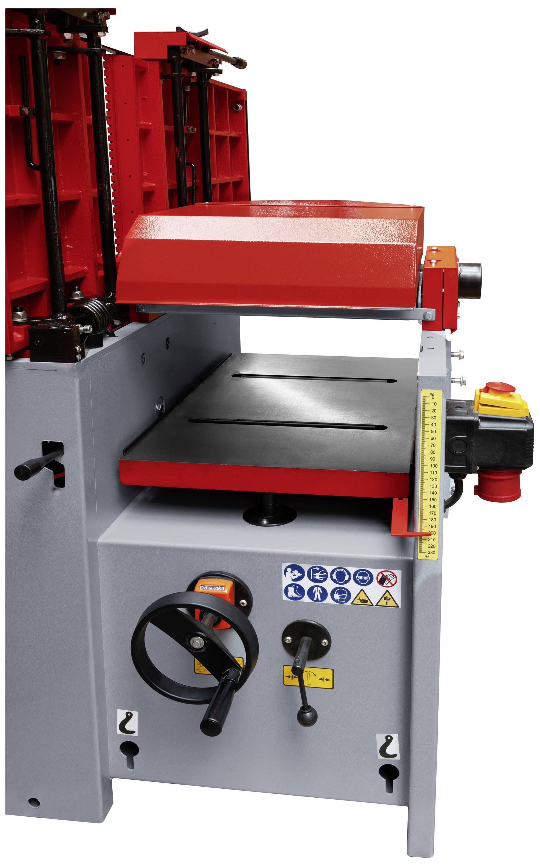 Czerwona maszyna do frezowania drewna z osłonami bezpieczeństwa i pokrętłami regulacyjnymi na szarym korpusie.