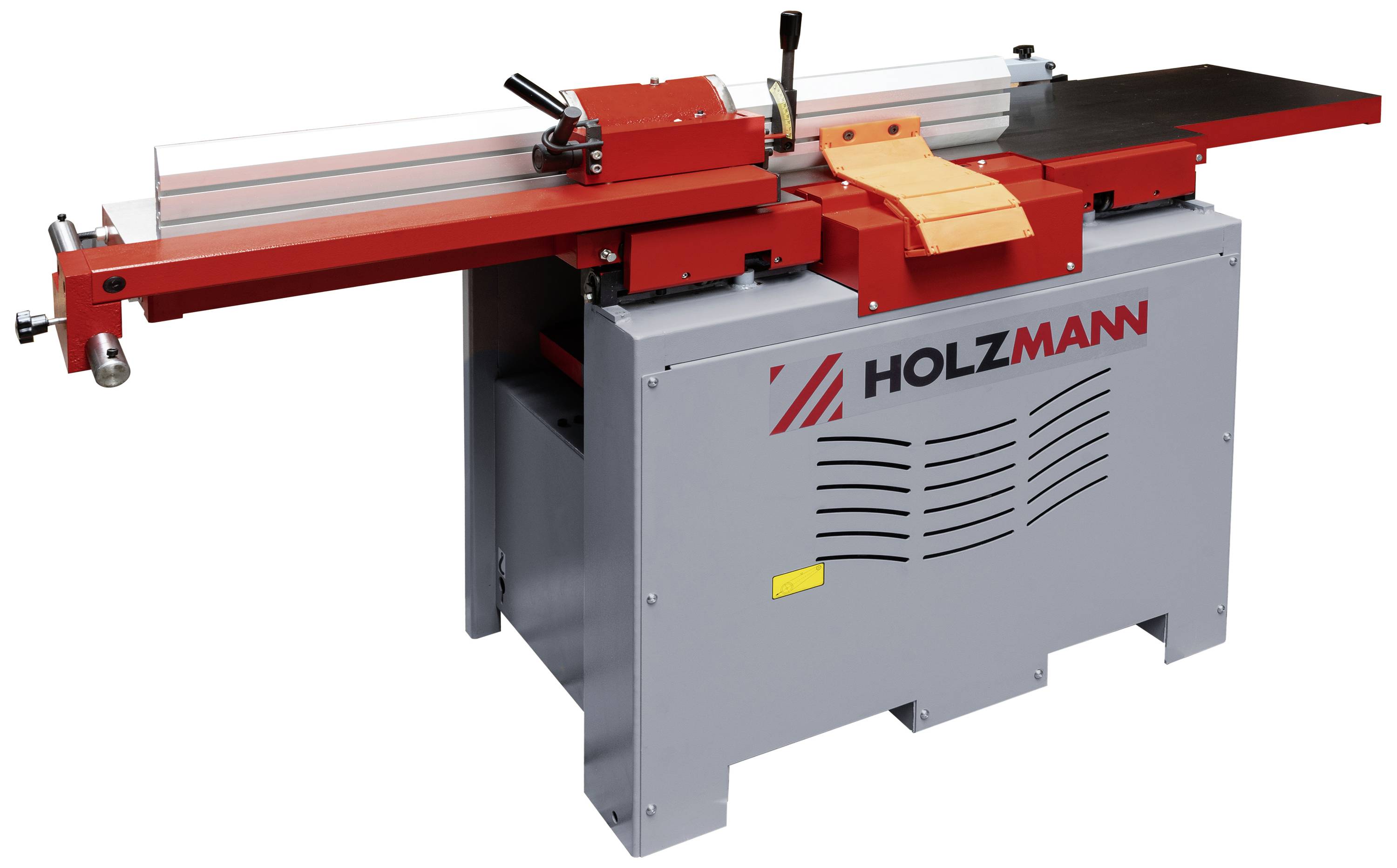Maszyna do obróbki drewna z szarą podstawą i czerwonym stołem. Przełączniki i dźwignie na górze, widoczna marka 'Holzmann' z przodu.