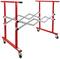 Czerwony, regulowany stojak montażowy na kółkach, przeznaczony do podtrzymywania ciężkich ładunków w warsztatach lub podczas prac montażowych.