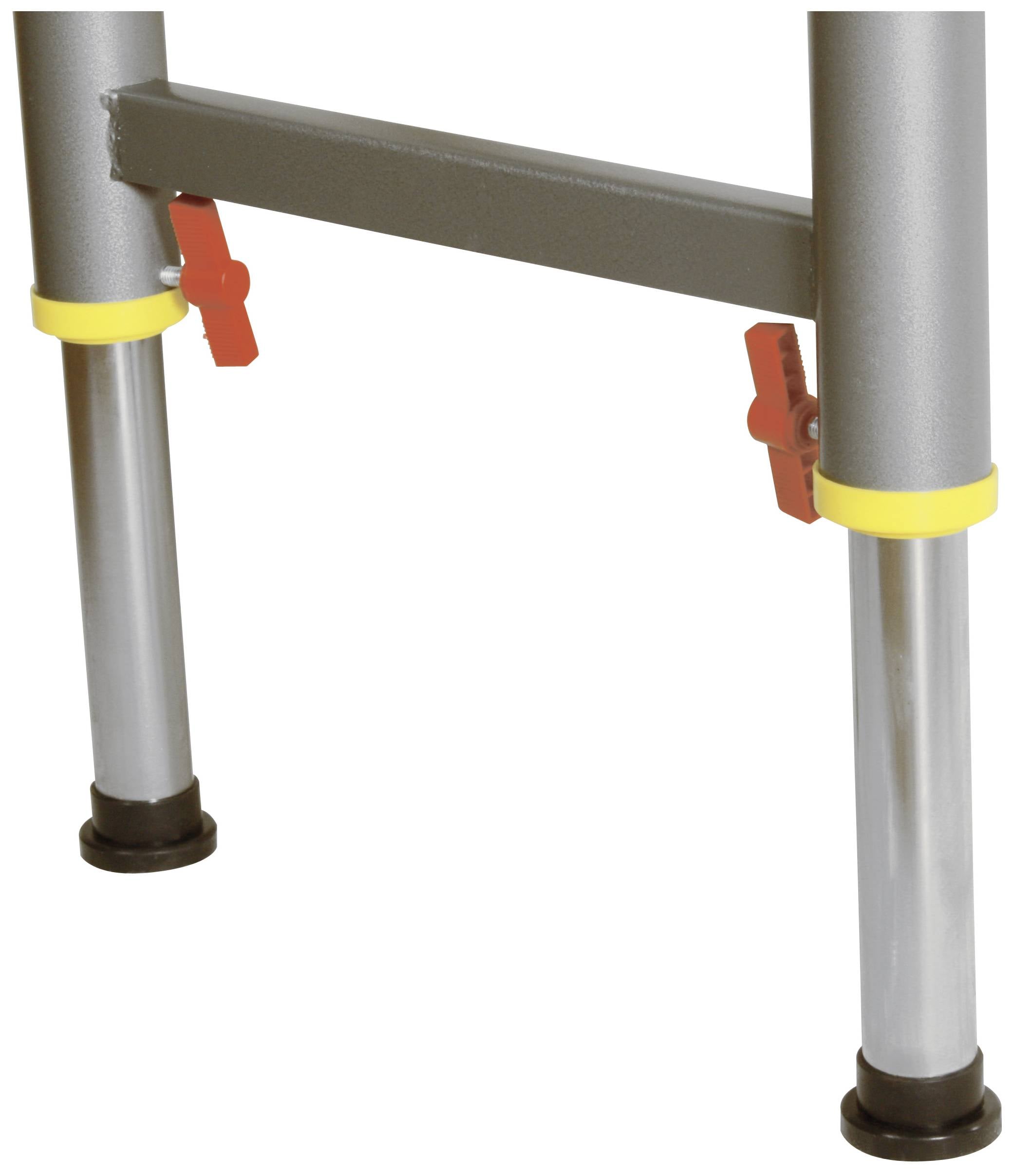 Dwa srebrne metalowe rurki z czerwonymi zamkami i żółtymi pierścieniami, będące częścią regulowanego na wysokość rusztowania lub stołu.