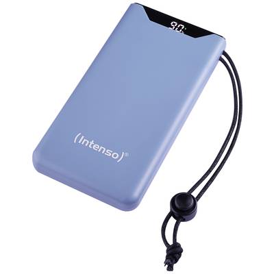 Niebieski power bank z cyfrowym wyświetlaczem, z oznaczeniem 'Intenso', czarnym paskiem do noszenia, wskazujący 98% pojemności baterii.