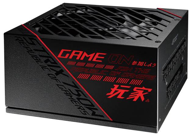 Zasilacz komputerowy z czarną obudową, czerwonymi akcentami i napisem 'Game On'. Widoczne logo marki i gęste siatki wentylatora.