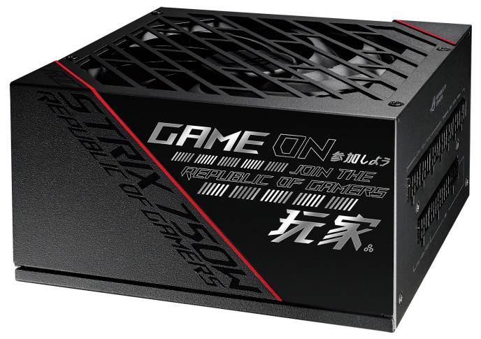 Czarny zasilacz do komputera dla graczy z napisami 'Game On' i 'Join the Republic of Gamers' w kolorze białym, prezentujący nowoczesny design z czerwonymi akcentami.