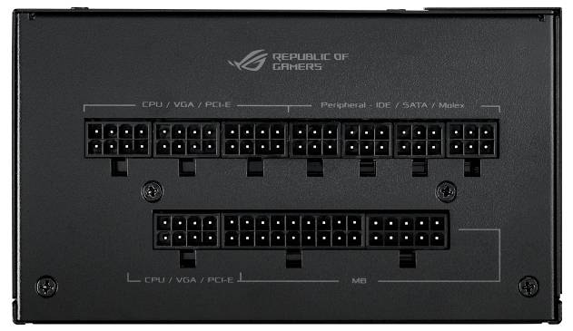 Czarny zasilacz z wieloma gniazdami przyłączeniowymi dla CPU, VGA, PCIe, SATA i płyty głównej. Logo 'Republic of Gamers' na górze.