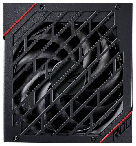 Czarny zasilacz komputerowy z kratką wentylacyjną i ukośnymi otworami, nazwa marki 'ROG' widoczna w rogu.