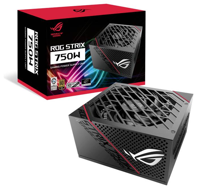 Zasilacz marki ROG Strix o mocy 750W jest przedstawiony. Obudowa jest czarna z logo ROG. Opakowanie widoczne w tle.