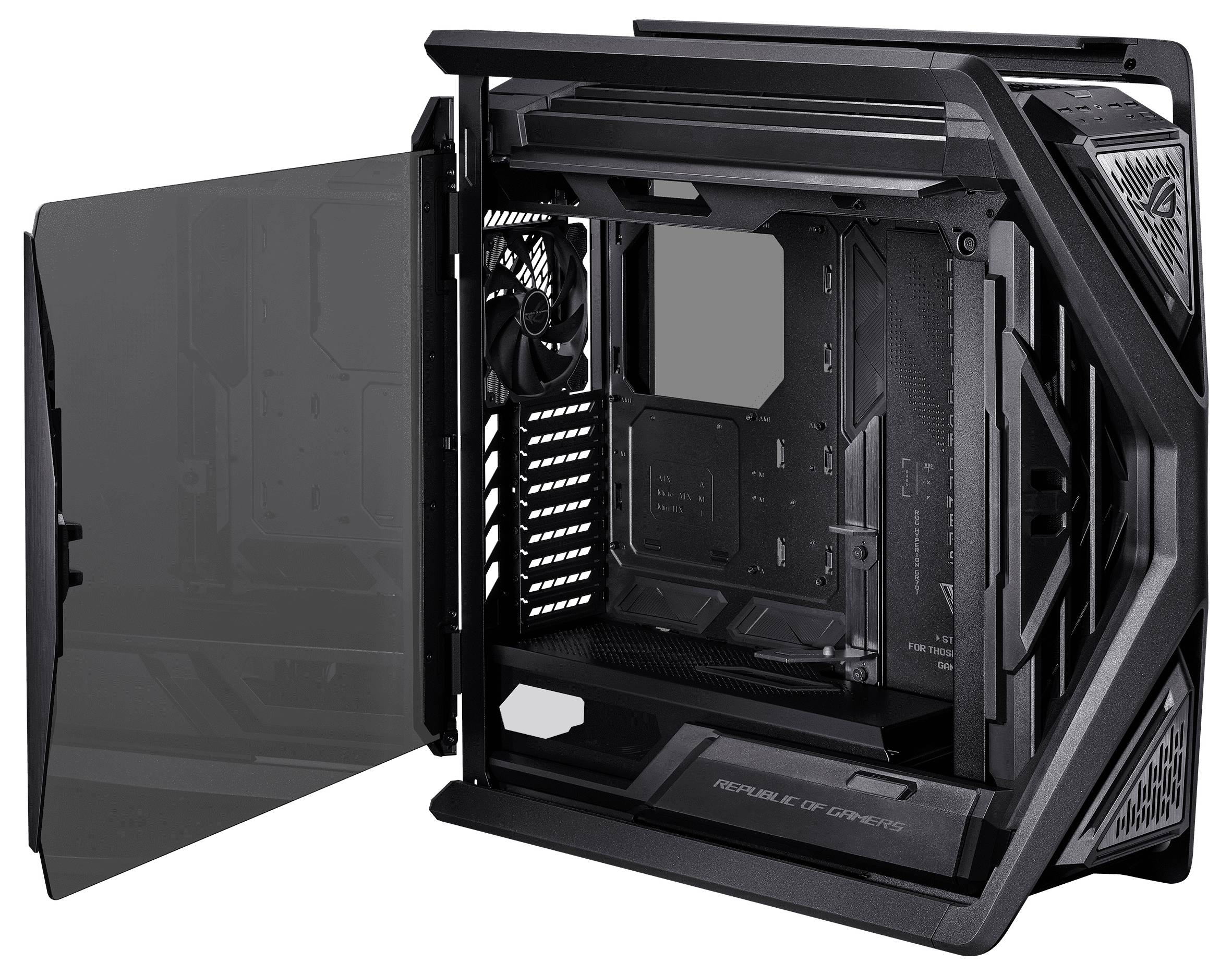 Obudowa komputera z otwartą boczną ścianką, ukazująca wnętrze do montażu podzespołów. Czarna, o nowoczesnym designie z otworami wentylacyjnymi.
