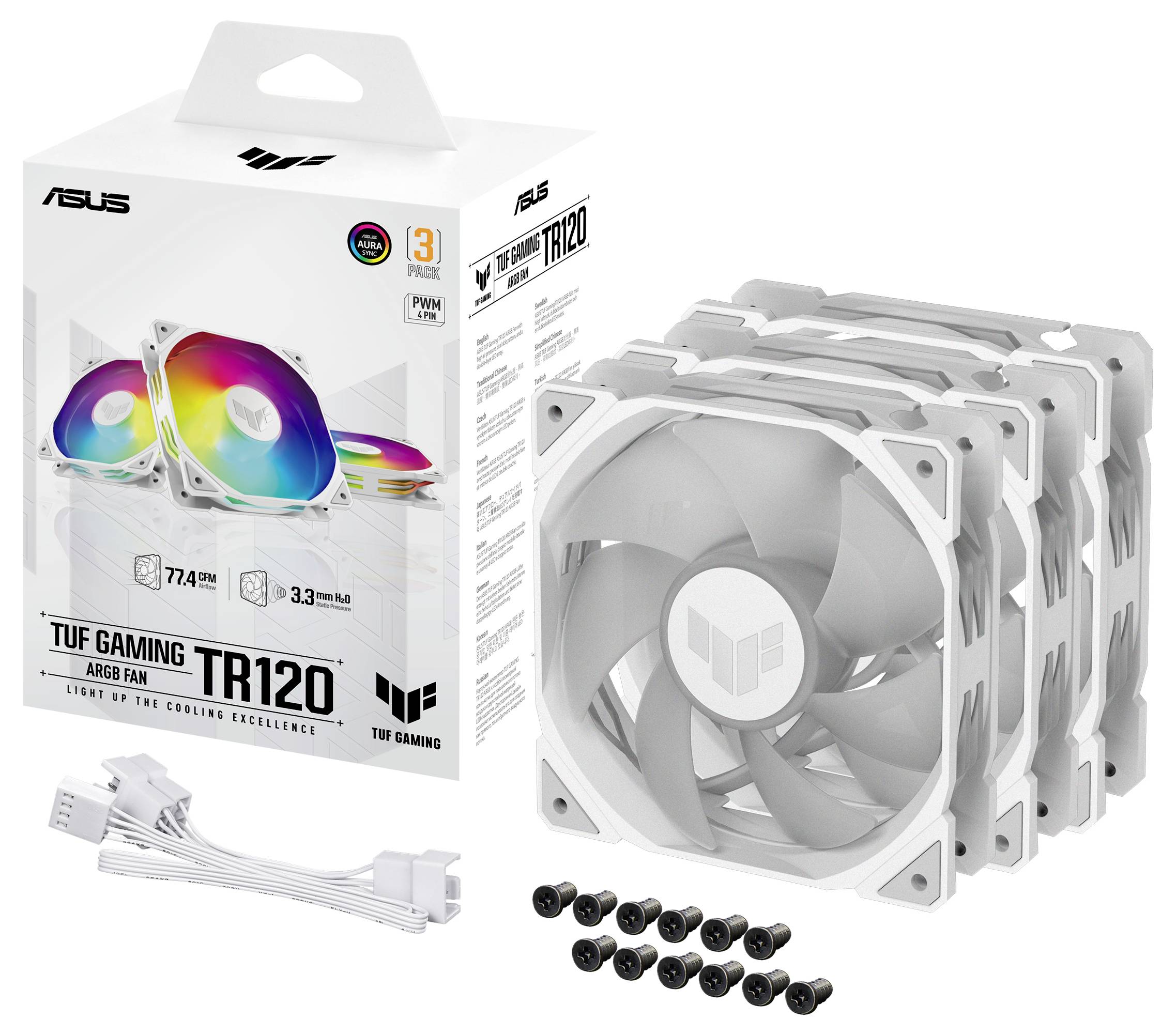 Kilka białych wentylatorów PC z podświetleniem RGB obok opakowania 'TUF Gaming ARGB Fan TR120', z dołączonym osprzętem i śrubami.