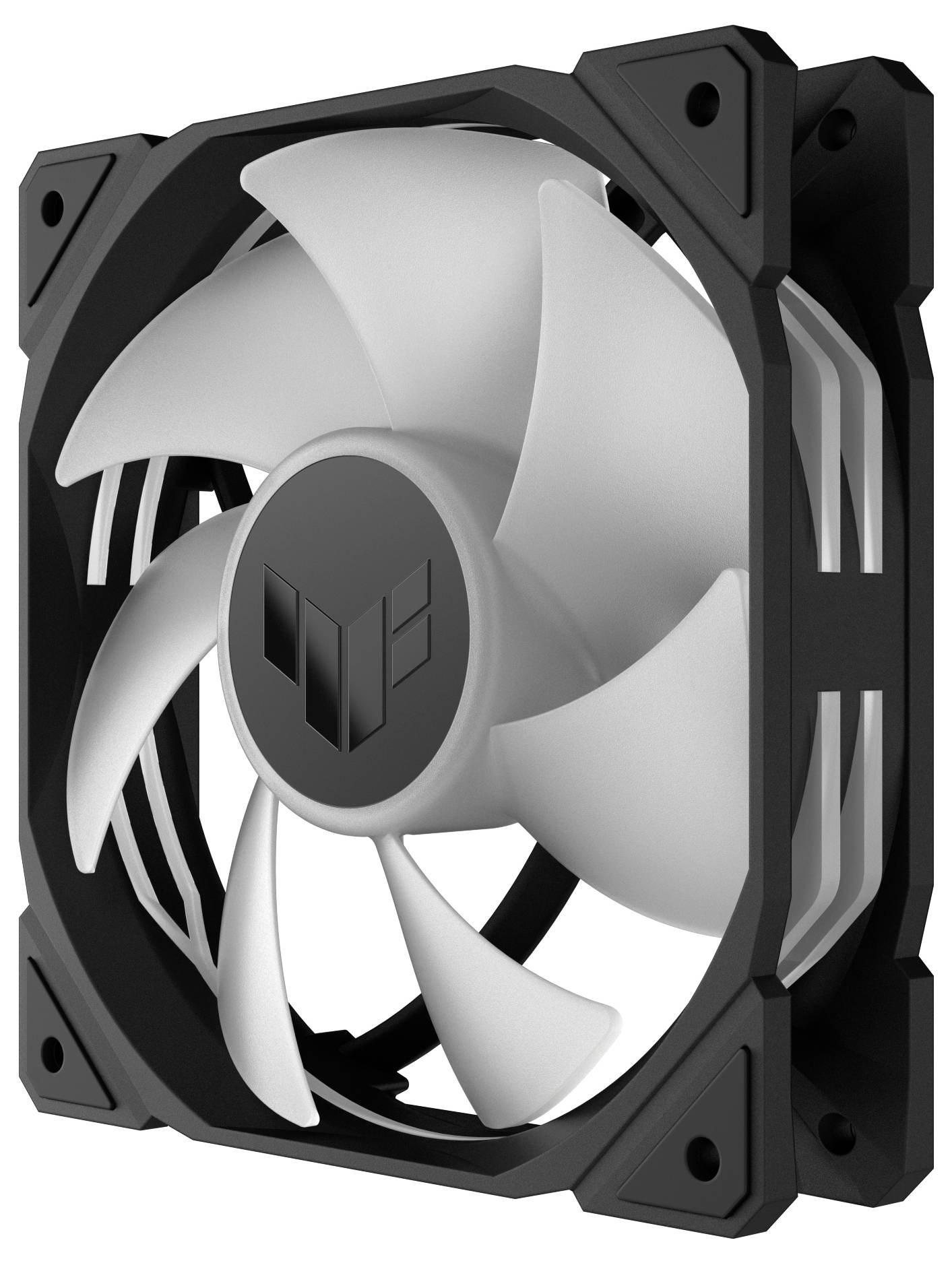 Czarno-biały wentylator komputerowy z pięcioma łopatkami wirnika, oznaczony logo w centrum, przeznaczony do chłodzenia obudów komputerowych.