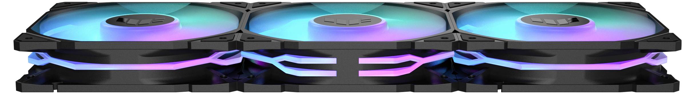 Trzy wentylatory komputerowe ułożone obok siebie z kolorowymi podświetleniami LED.