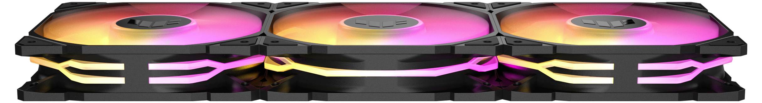 Trzy komputerowe wentylatory RGB obok siebie z świecącymi, wielokolorowymi diodami LED w kolorach różowym, żółtym i pomarańczowym.