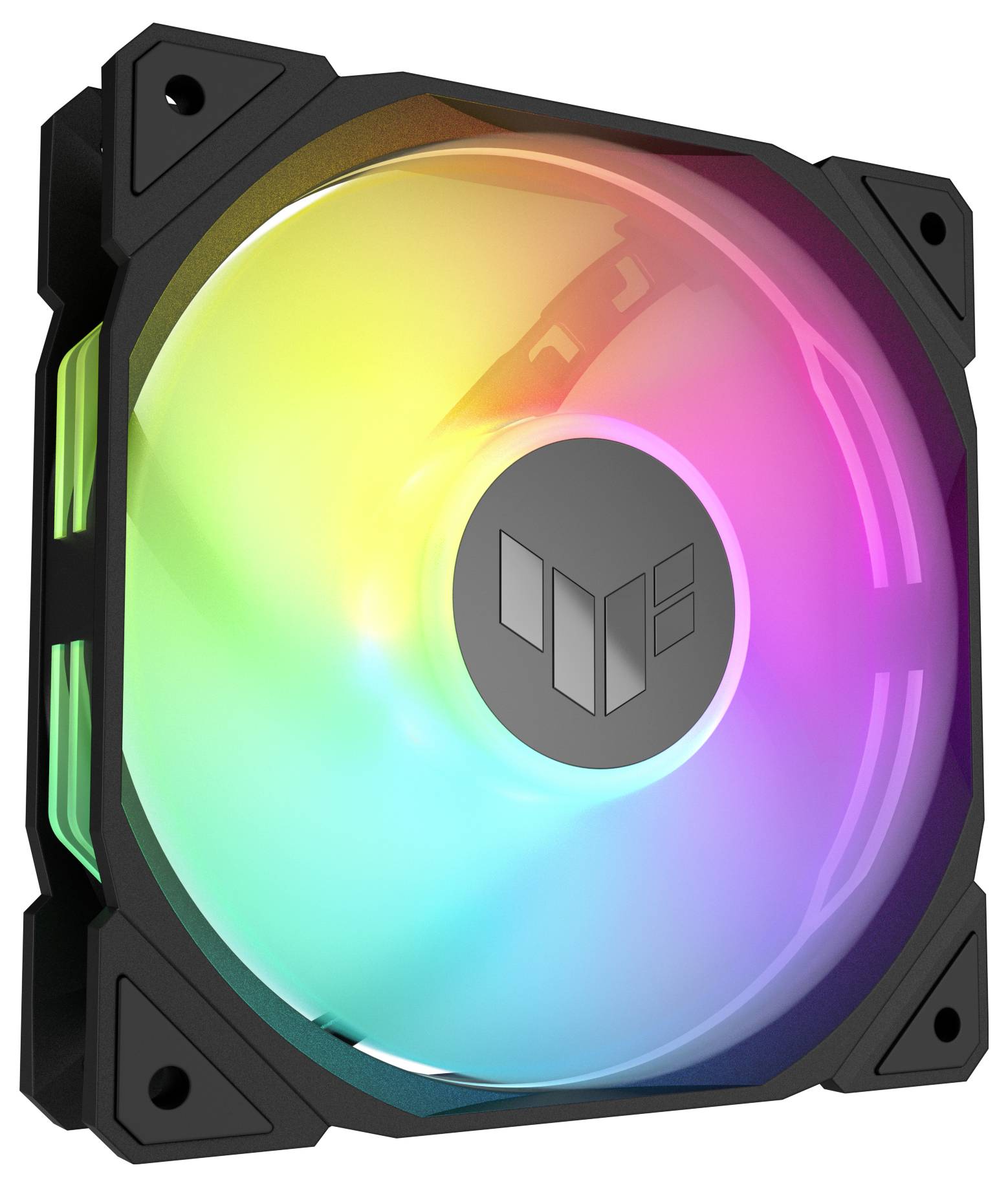Wentylator komputerowy z podświetleniem RGB w kolorach tęczy. Posiada cztery rogi i centralną piastę z logo.