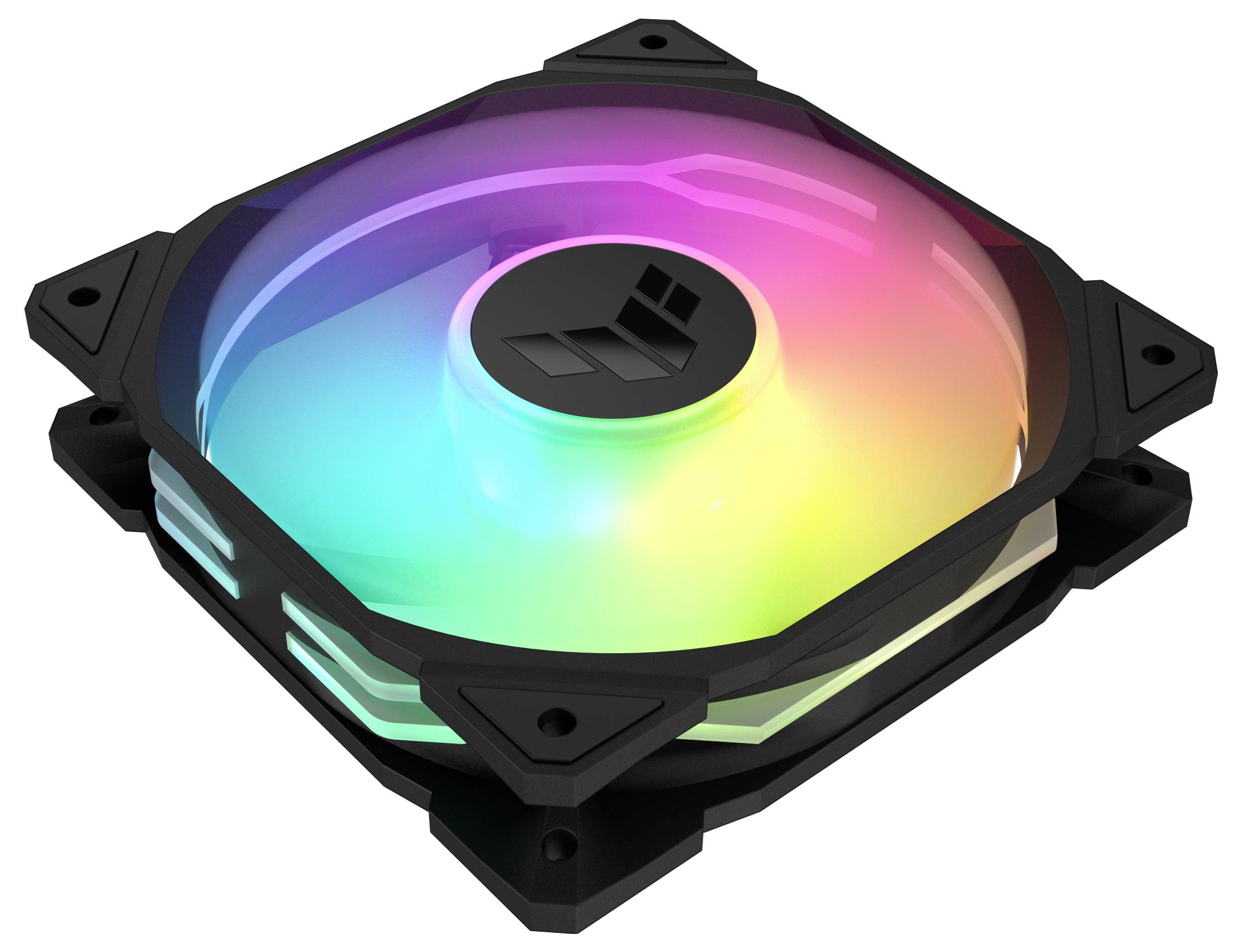 Wentylator obudowy komputera z kolorowymi podświetleniami RGB w kwadratowej czarnej ramce.