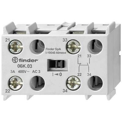 Obraz przedstawia czteropolowy przekaźnik elektromagnetyczny marki Finder, model 06K.03, przeznaczony do 400V AC i 3A, wyposażony w zaciski przyłączeniowe.