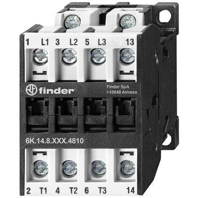 Czarno-biały elektromagnetyczny przekaźnik firmy Finder z zaciskami śrubowymi z przodu. Numer modelu i marka widoczne.