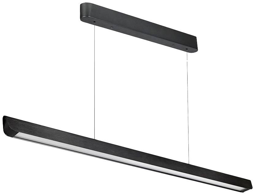 Czarna, prostokątna lampa wisząca o wąskim, nowoczesnym designie, zamocowana na cienkich linkach do odpowiedniego mocowania sufitowego.